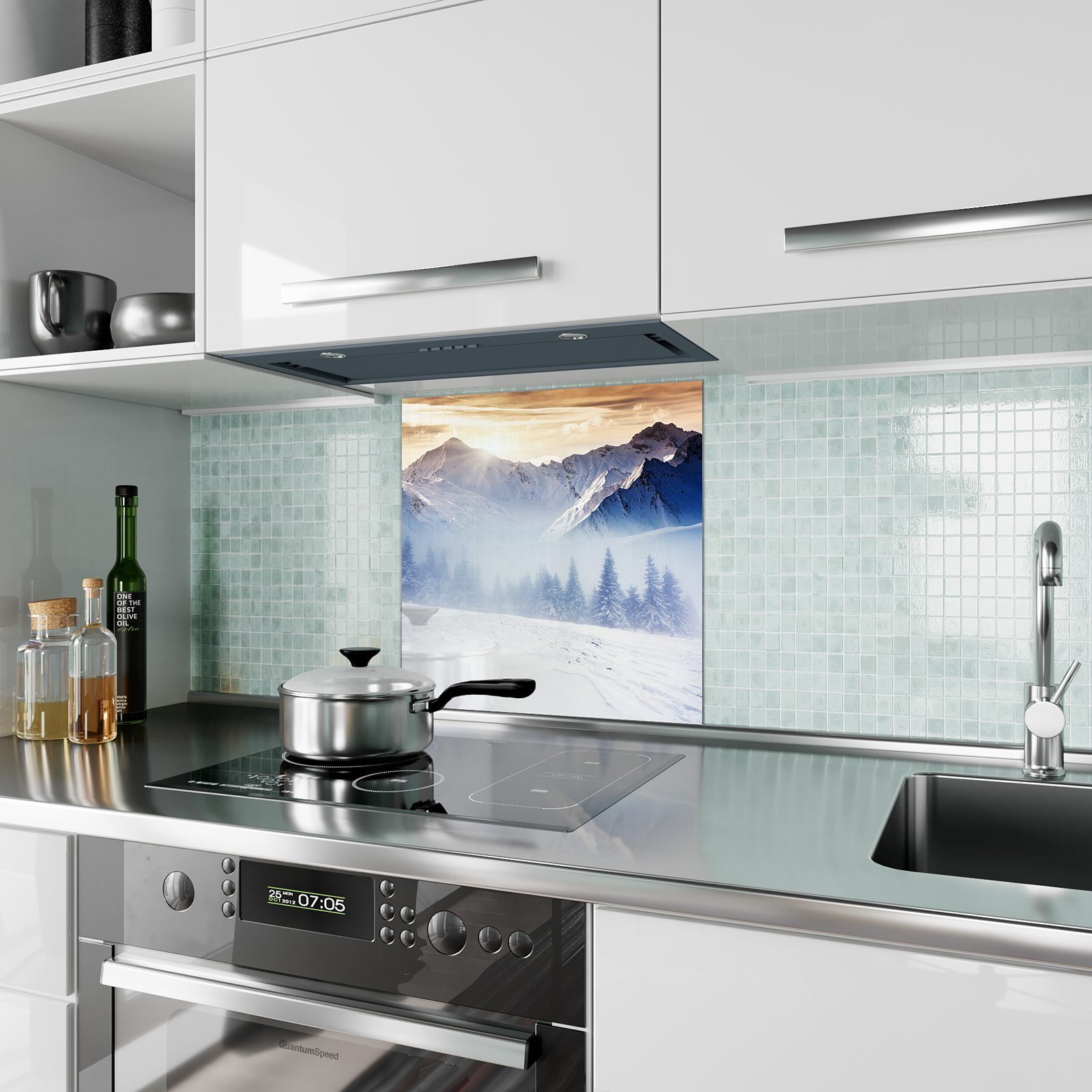 Glas Primedeco Winterlandschaft Spritzschutz mit Küchenrückwand Küchenrückwand Düstere Motiv