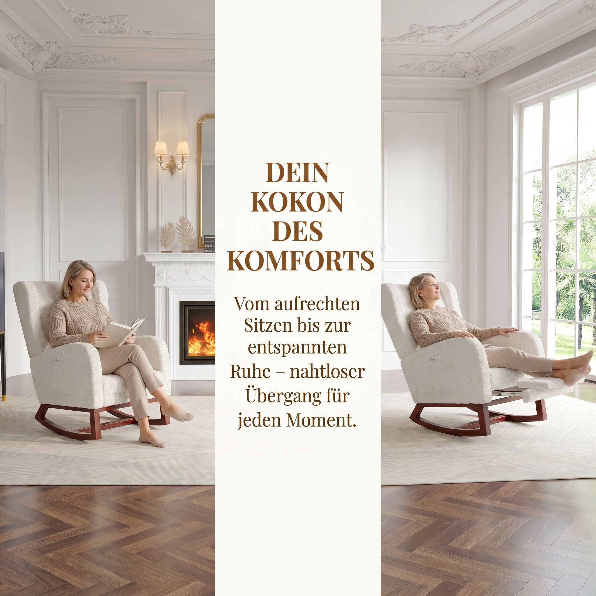 BELUPAI Schaukelstuhl Polster Schaukelsessel, mit Fußstütze,für Schlafzimmer, (Set, 1 St), 2 Seitentaschen,1 Lendenkissen,Teddystoff,Beige – Bild 3 von 5