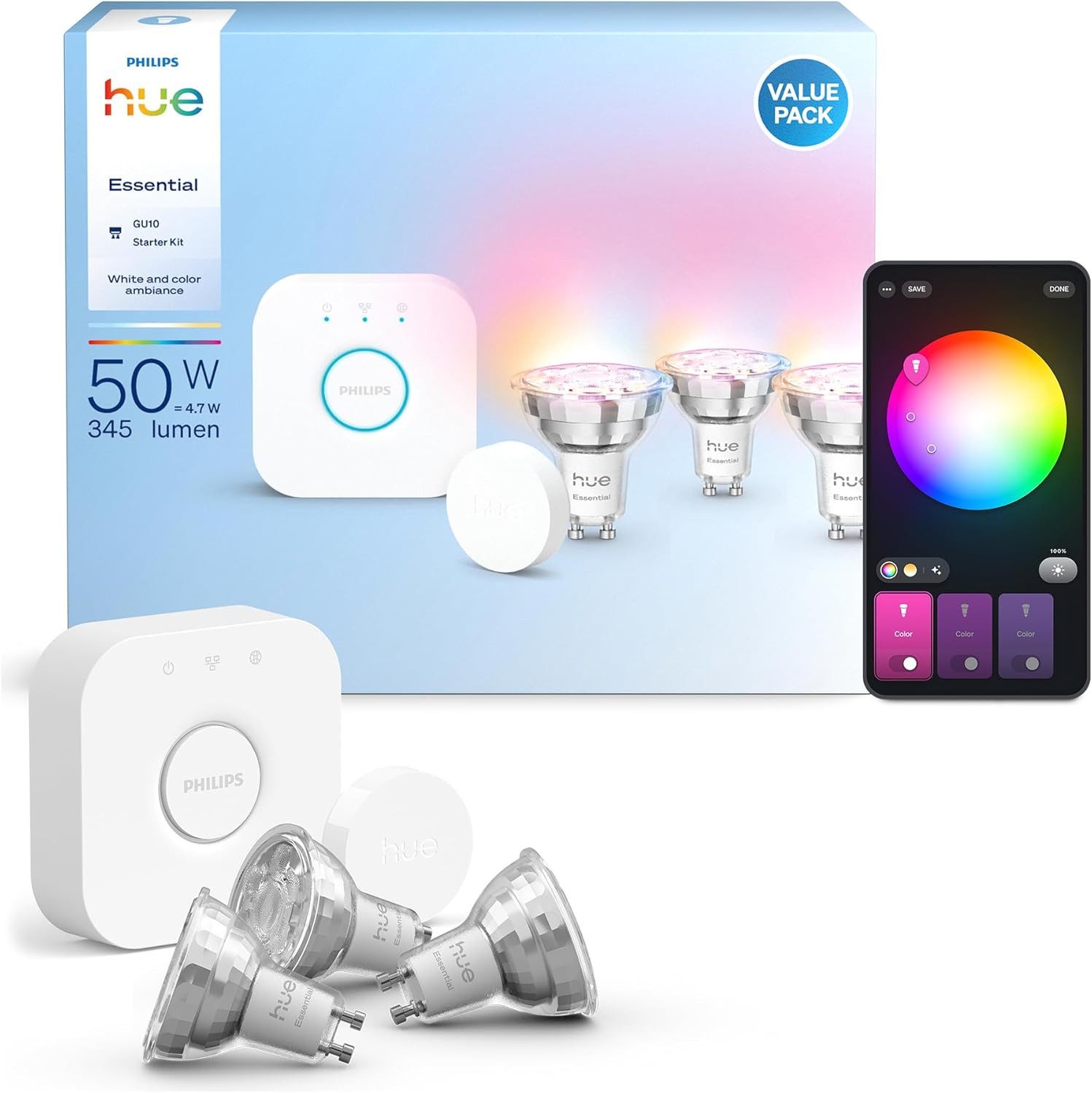 Philips Hue GU10 Essential Kit: Bridge + 3 Essential GU10 smarte Lampen Starterset Smart-Home Starter-Set