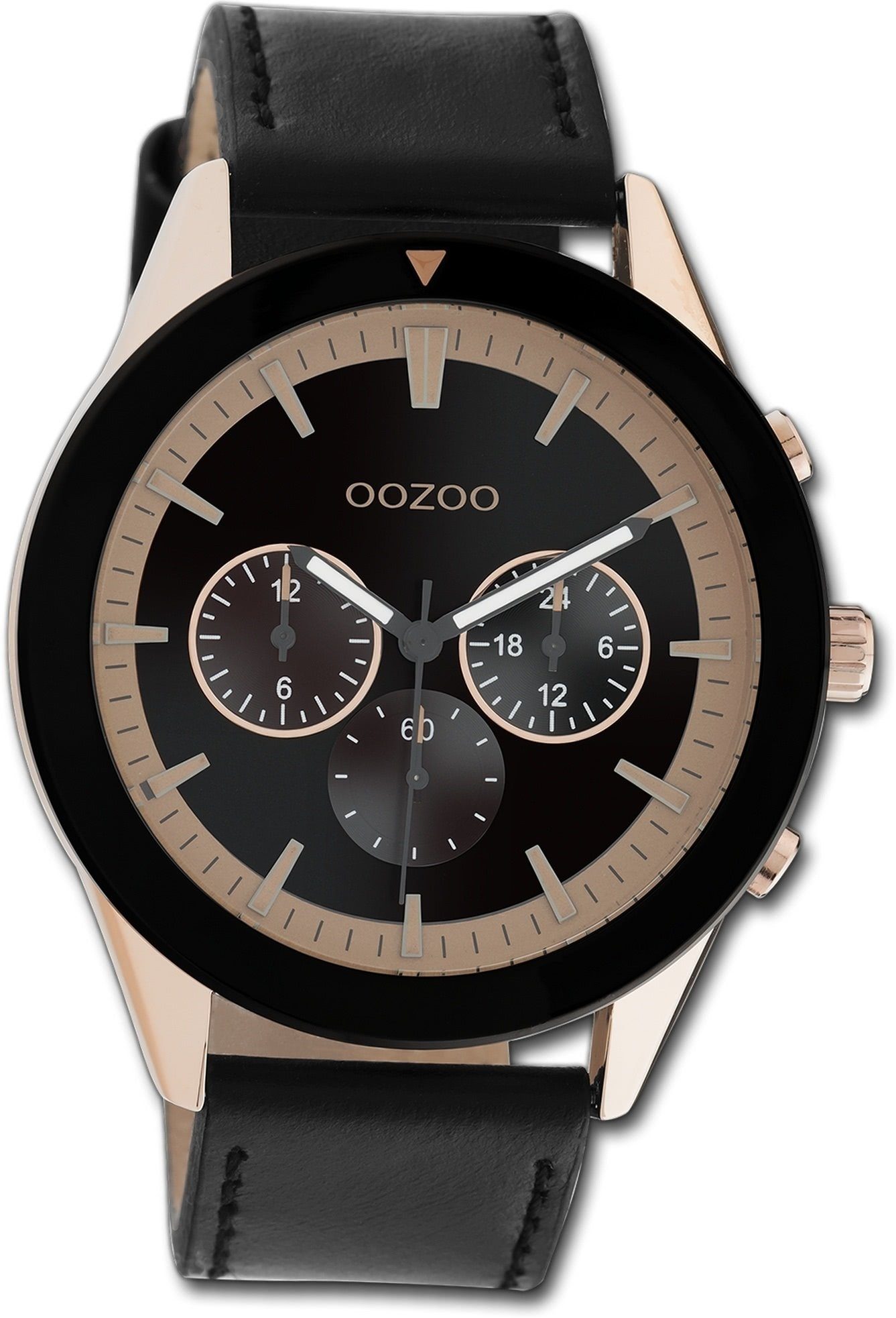 Herren OOZOO Timepieces, Herrenuhr Oozoo schwarz, Armbanduhr Gehäuse, 45mm) groß Lederarmband Quarzuhr (ca. rundes