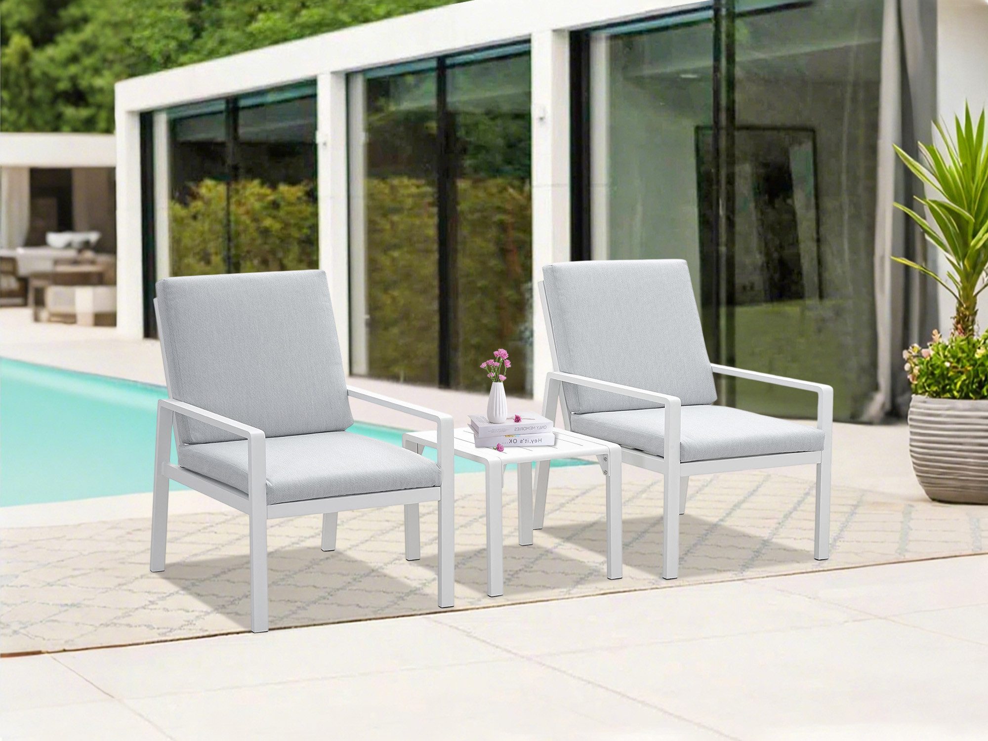 MeXo Gartenlounge-Set Lounge Gartenmöbelset Aluminium Wetterfest, (Balkonmöbel Set für 2 Personen, 3-tlg., 2 Sessel, Couchtisch 44x44x41 cm), 85 cm Rückenlehne, hoher Sitzkomfort