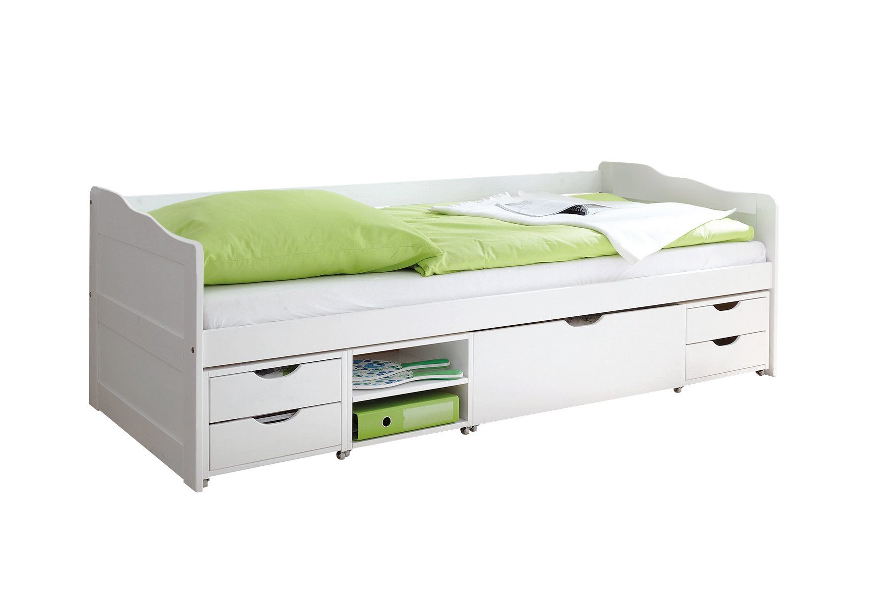 Ticaa Funktionsbett Sofabett Funktionsbett Gästebett Marlies Kiefer, Weiß lackiert (Holzmaserung sichtbar)