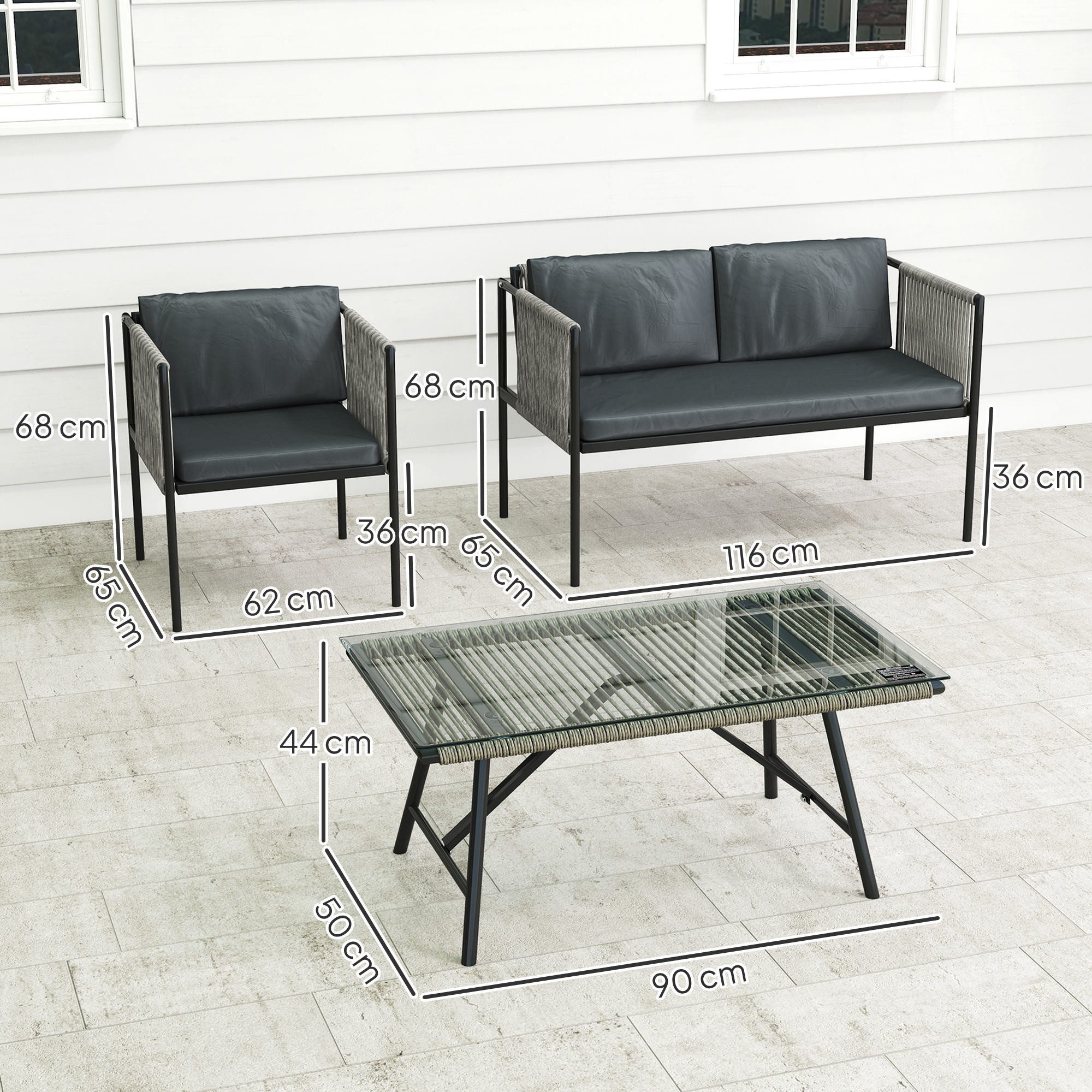 Outsunny Sitzgruppe mit 2er Sofa, Sessel, Glastisch, Kissen, (Gartenmöbel-Set aus Polyrattan, 4-tlg., wetterfest Lounge-Set), für 4 Personen, für Garten, Balkon, Grau