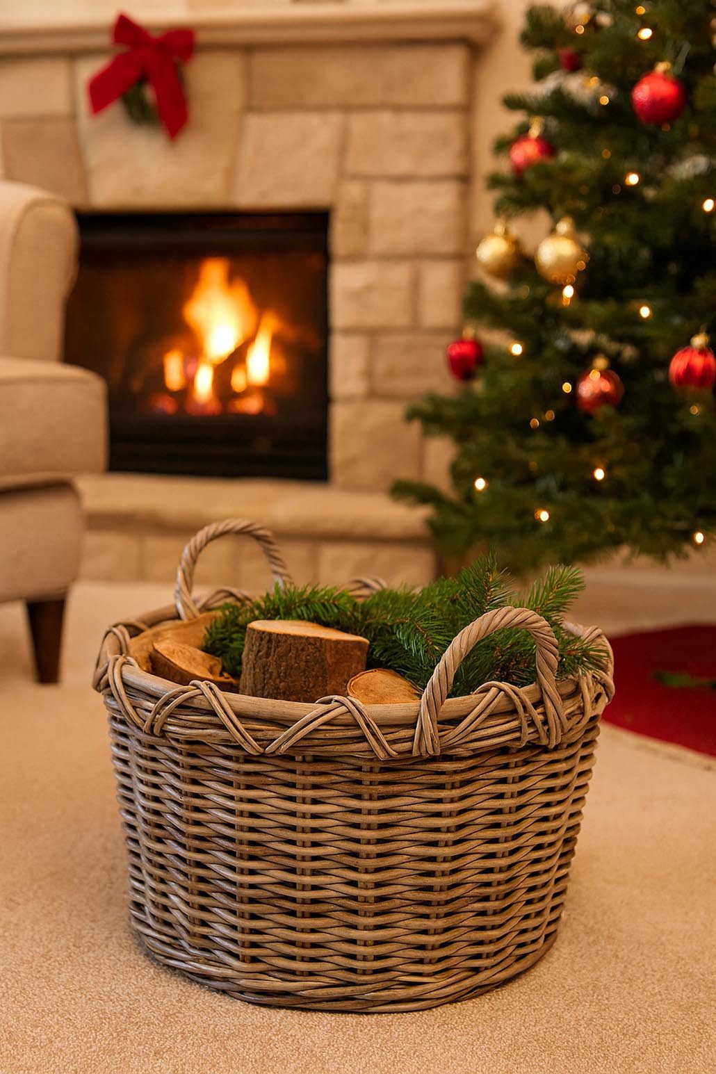 Kobolo Kaminholzkorb Holzkorb rund kubu grey aus Rattan mit Jute