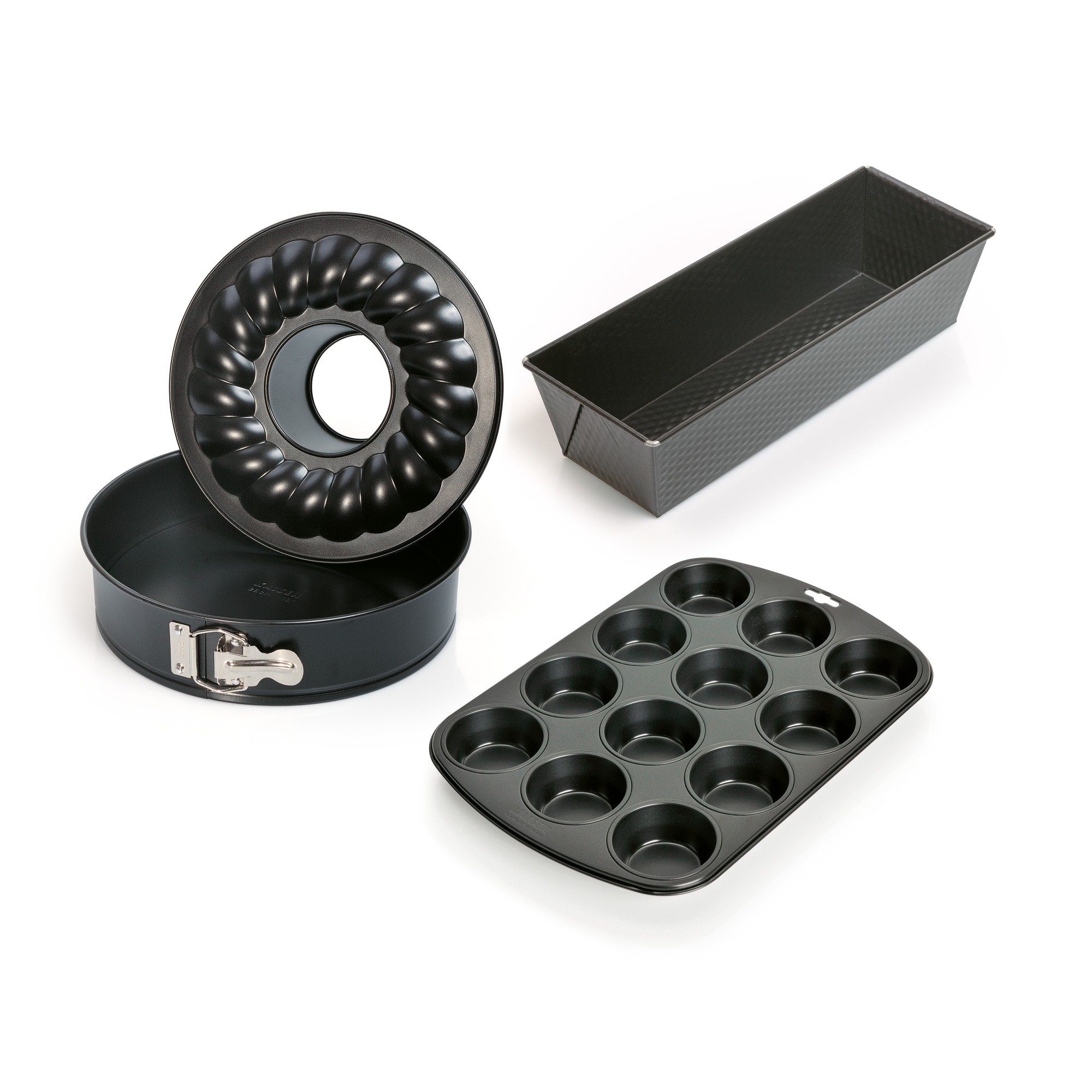 Kaiser Springform Classic, (1x Springform mit Flach- und Rohrboden Ø 26 cm, 1x Königskuchenform 30 cm, 1x Muffinform für 12 Muffins 38 x 27 cm - Standard-Muffingröße Ø 7 cm 4-tlg)