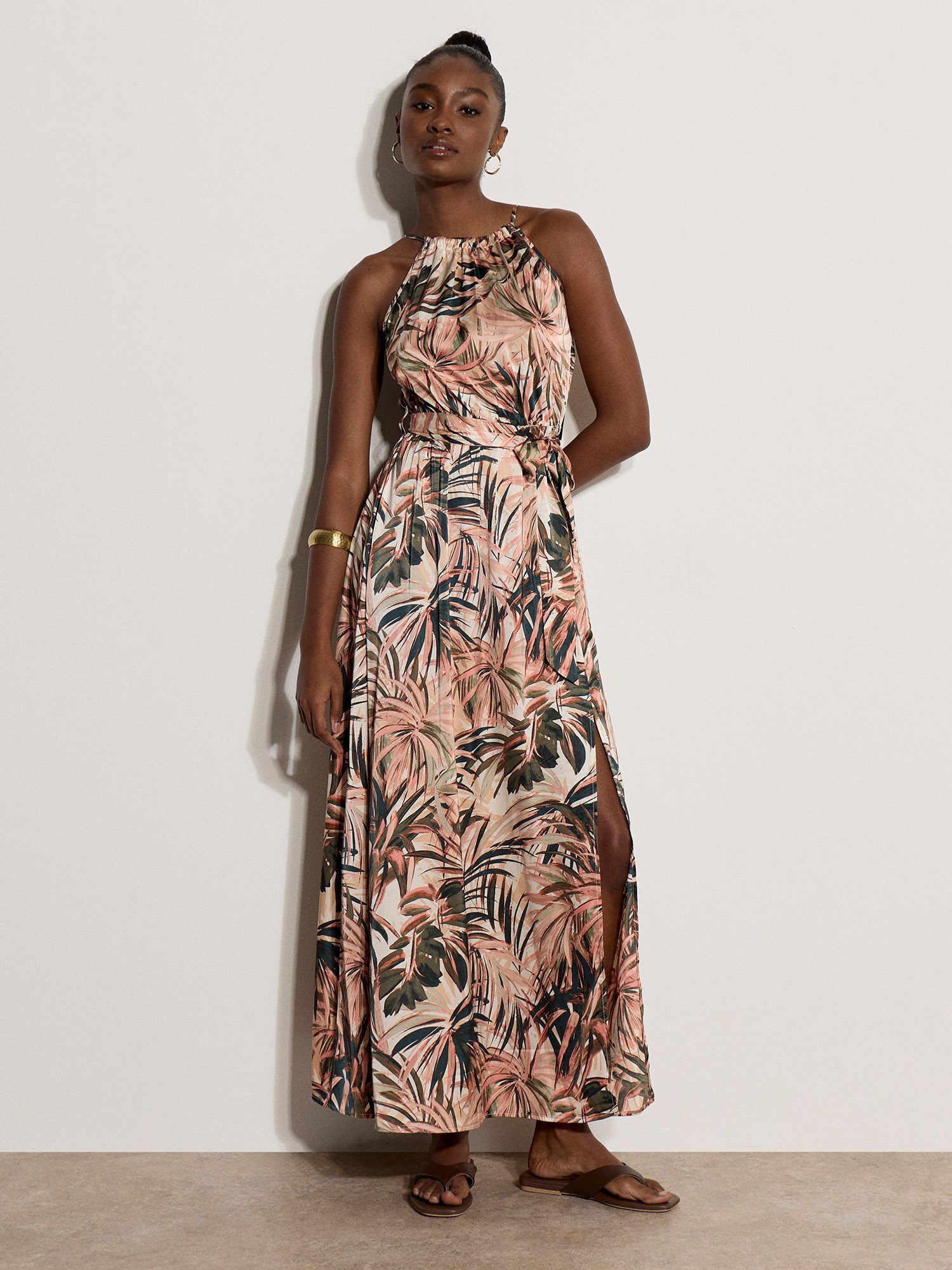 Apricot Maxikleid Tropisches Midikleid (mit Bindeband) mit Bindeband