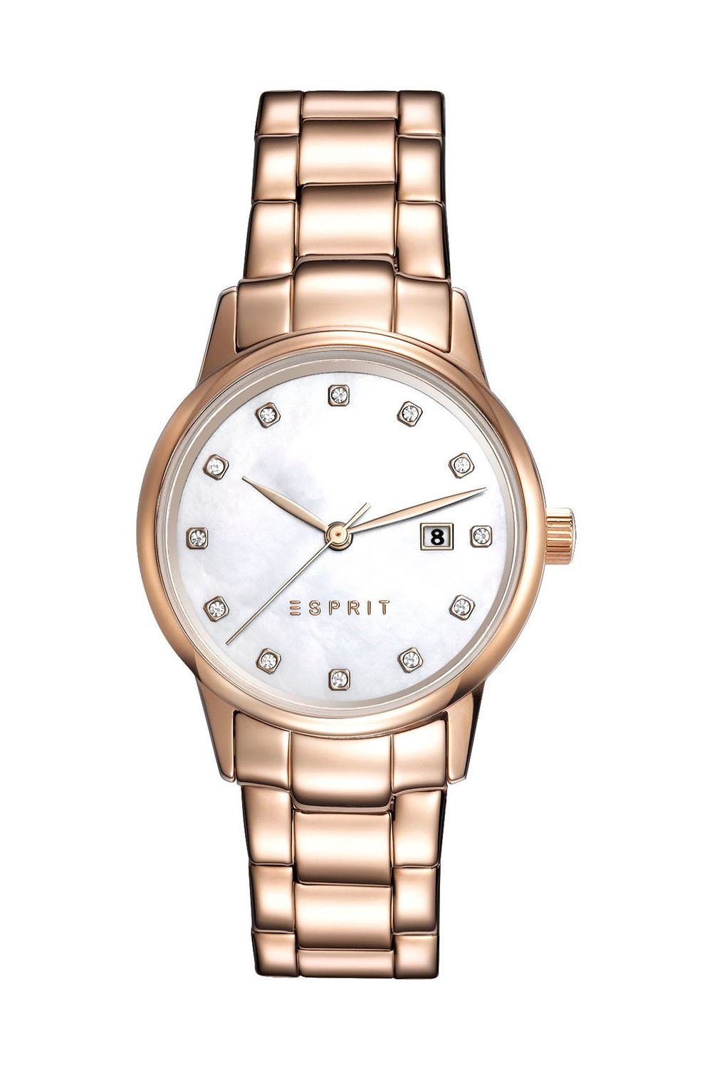 Esprit Quarzuhr Blake Rose Gold, aus Edelstahl, Gold, Perlmutt, Datumsanzeige, Zirkonia, Faltschließe
