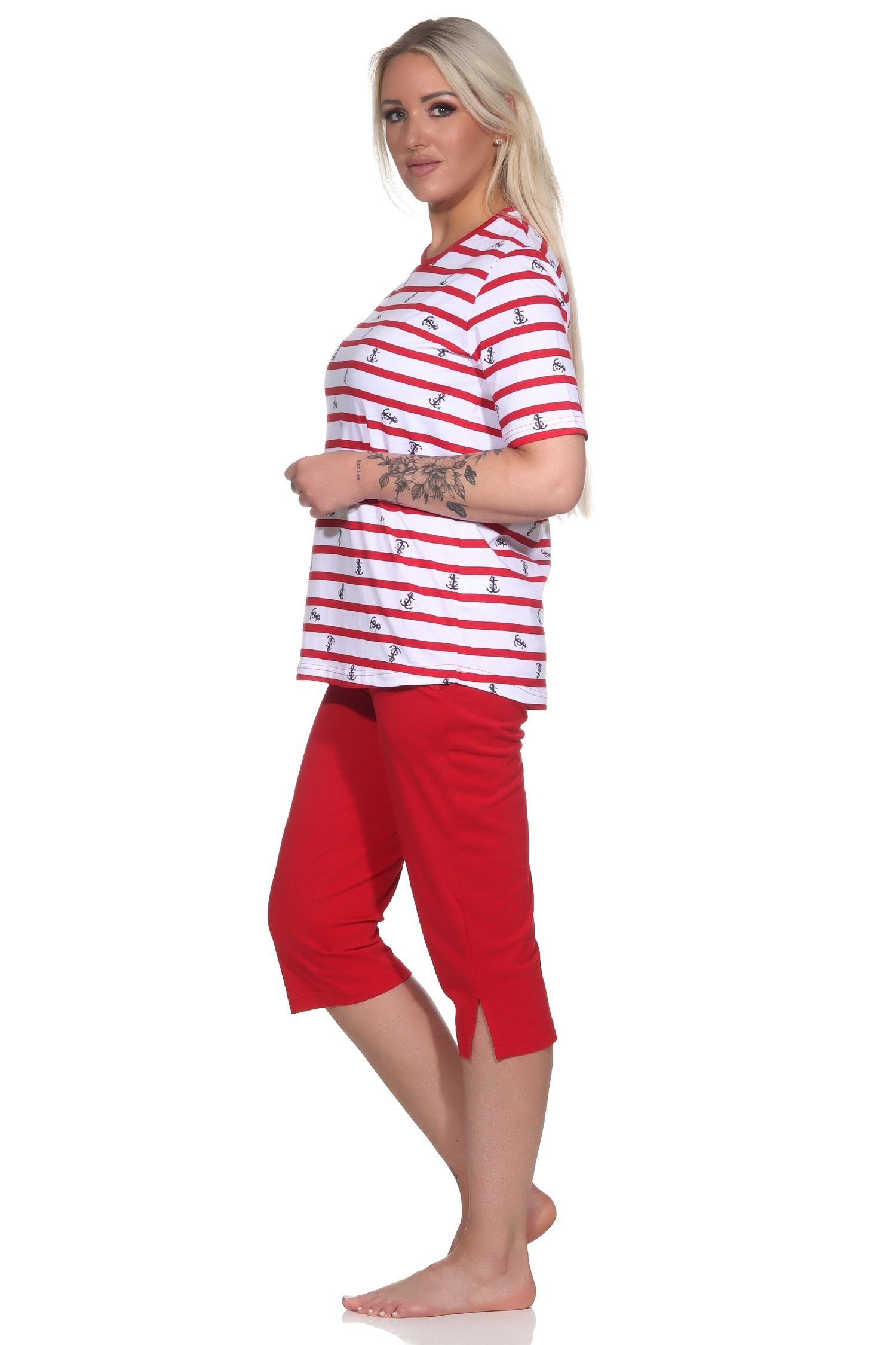 Normann Pyjama Damen kurzarm Schlafanzug Caprihose mit Optik maritimer in rot