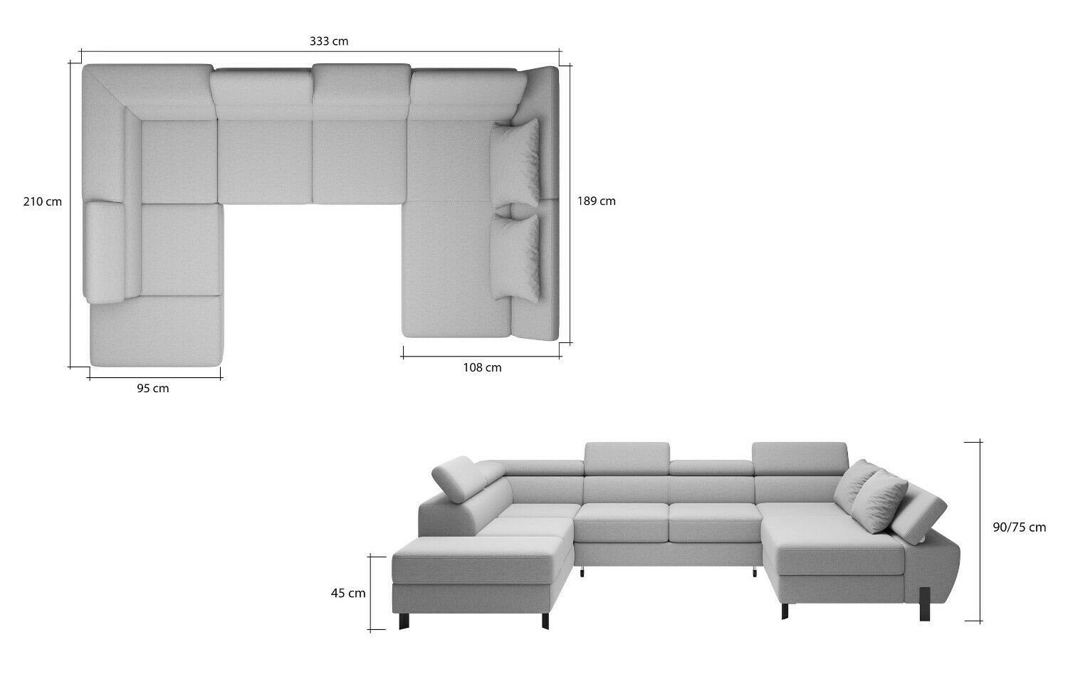 Leder Ecksofa, Design Schlaf Sofas U-form JVmoebel Ecksofa Textil Bettfunktion Couch