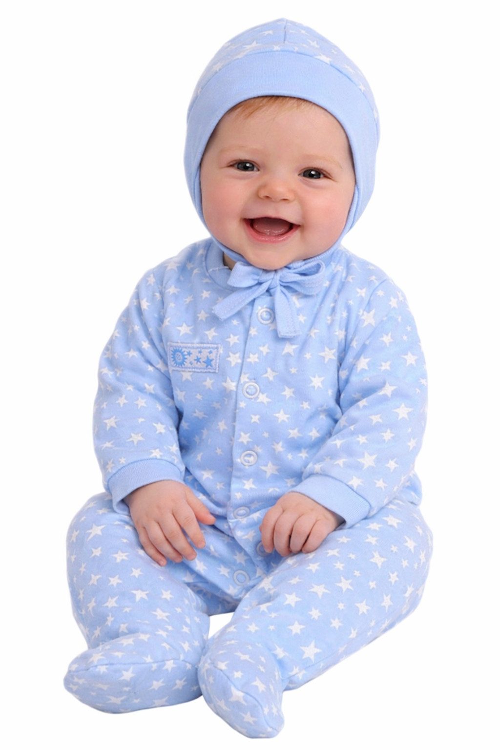 La Bortini Strampler, Jäckchen & Mütze Hemdchen Mützechen und Stramplerhose Baby Anzug in Blau mit Sternchen aus reiner Baumwolle, 44 50 56 62 68 74 80