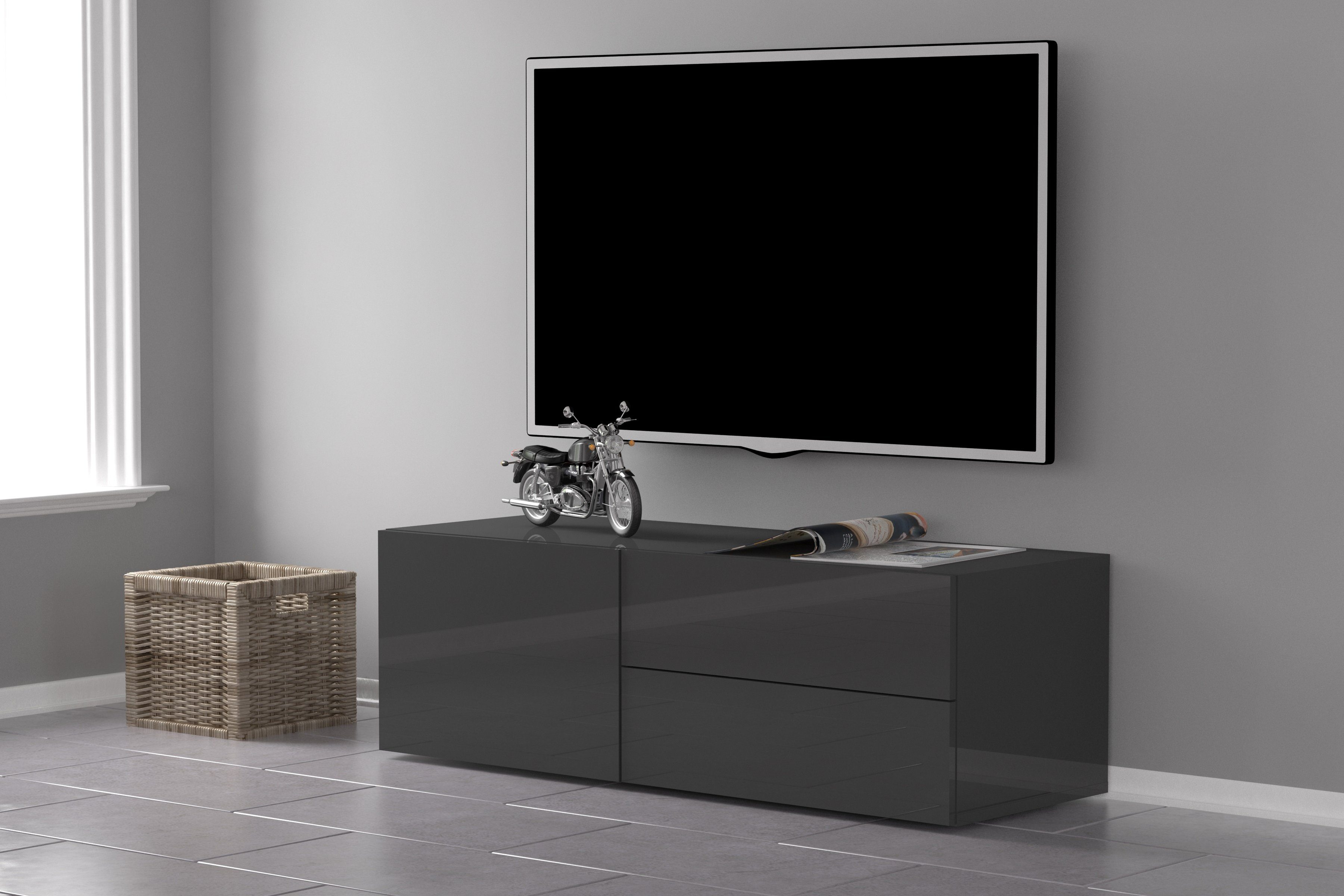 möbelando TV-Board Mercogliano, Modernes TV-Lowboard aus Spanplatte in Anthrazit Hochglanz mit 1 Holztür und 2 Schubkästen. Breite 110 cm, Höhe 35,2 cm, Tiefe 40 cm