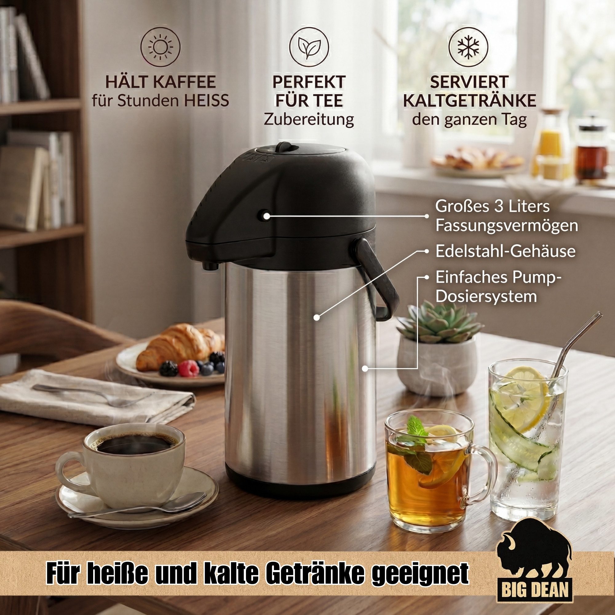 Haushalt International Isolierkanne Airpot 3,0 L Pumpkanne Thermoskanne Kaffeekanne Camping Edelstahl, 3 l, (Packung, 1-St), 3L Volumen, Pumpdeckel, Edelstahl