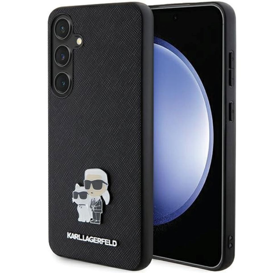 KARL LAGERFELD Handyhülle Case Galaxy S24 Kunstleder Figuren Metall schwarz 6,2 Zoll, Kantenschutz