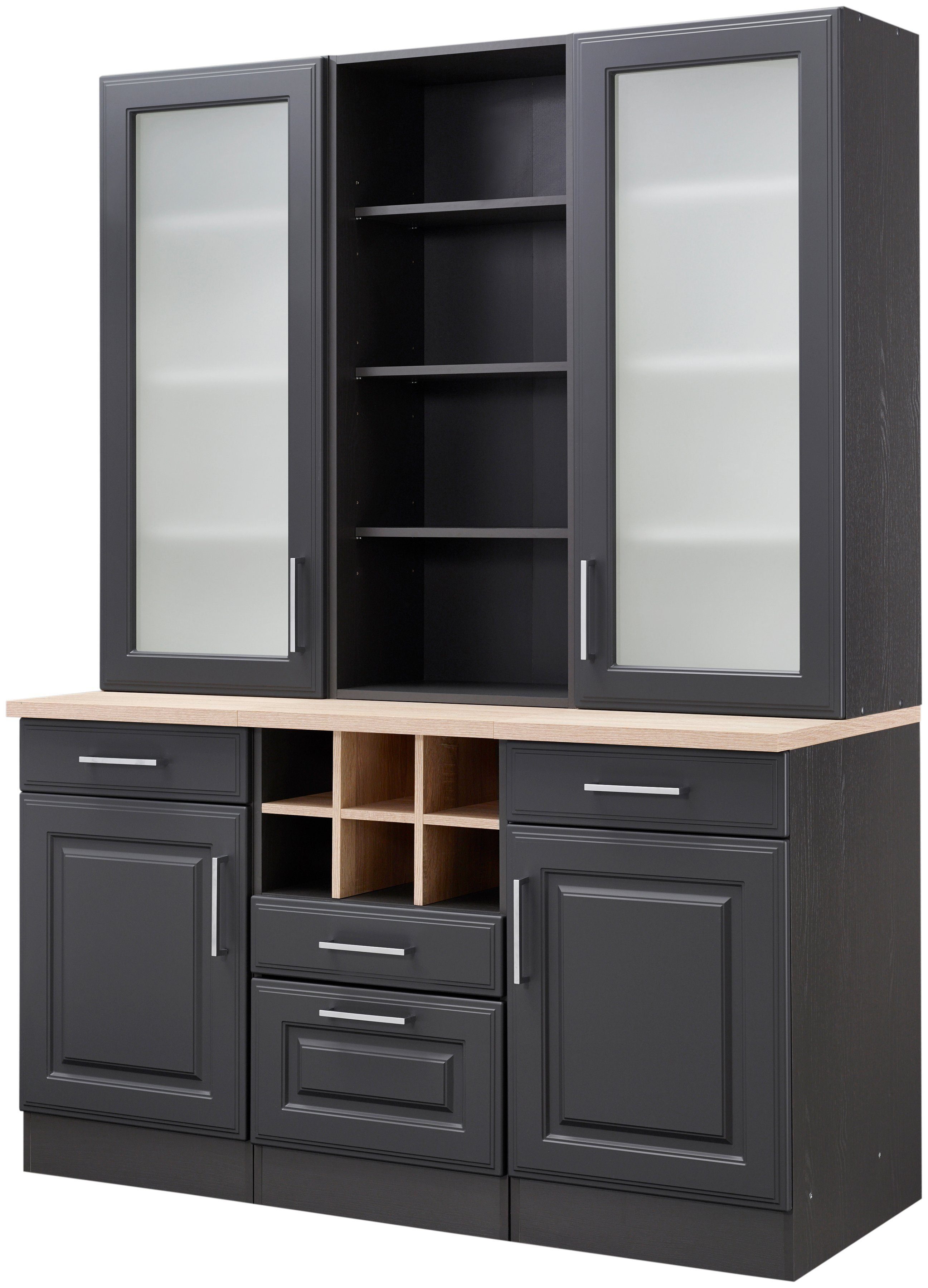 KOCHSTATION Küchenbuffet KS-Stockholm hochwertige MDF-Fronten, 2 Glasrahmentüren, 200 cm hoch, viel Stauraum