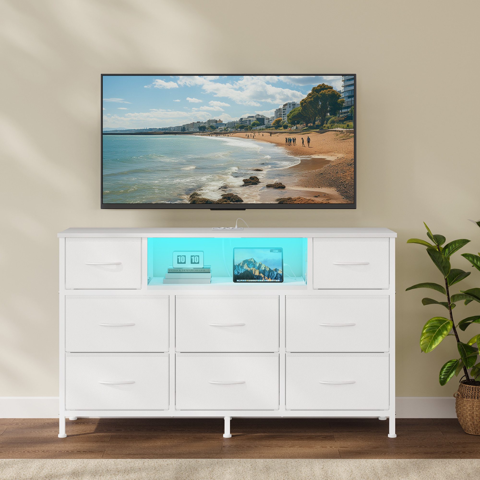 SONGMICS Kommode Sideboard mit Stoffschubladen, Stahlgestell, für Schlafzimmer, TV-Schrank mit Steckdosen und LED-Beleuchtung, 113,8 x 30 x 68,1 cm