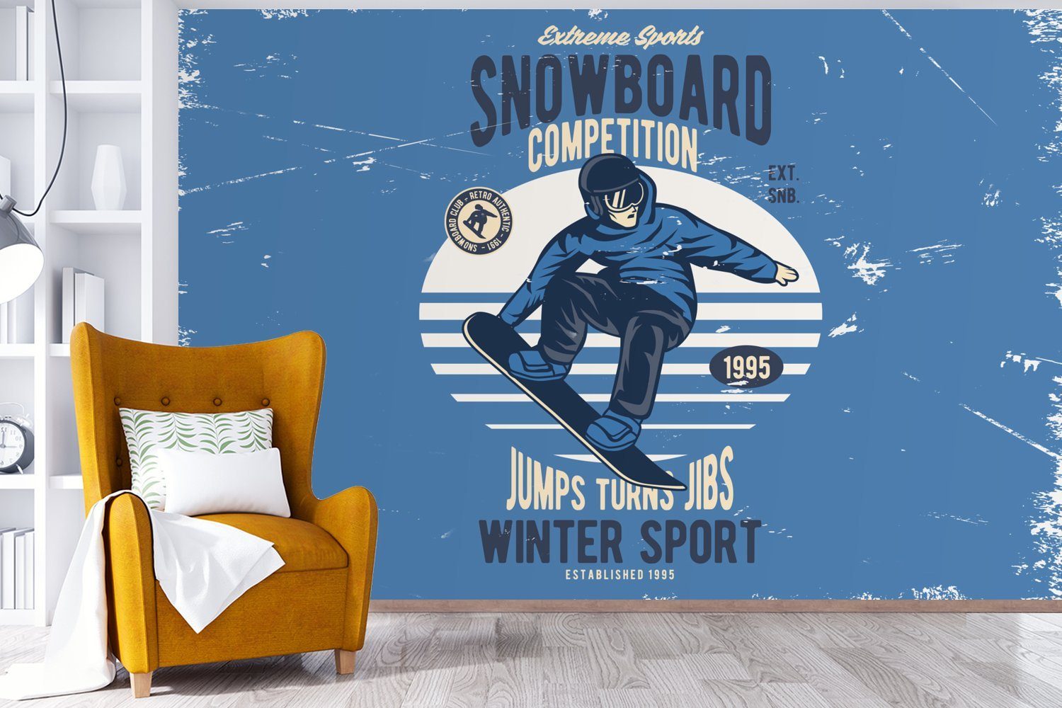 MuchoWow Fototapete Snowboard - Tapete Schlafzimmer, bedruckt, Vintage, (6 Matt, für Mann Wallpaper Wohnzimmer, Kinderzimmer, Vinyl - St)