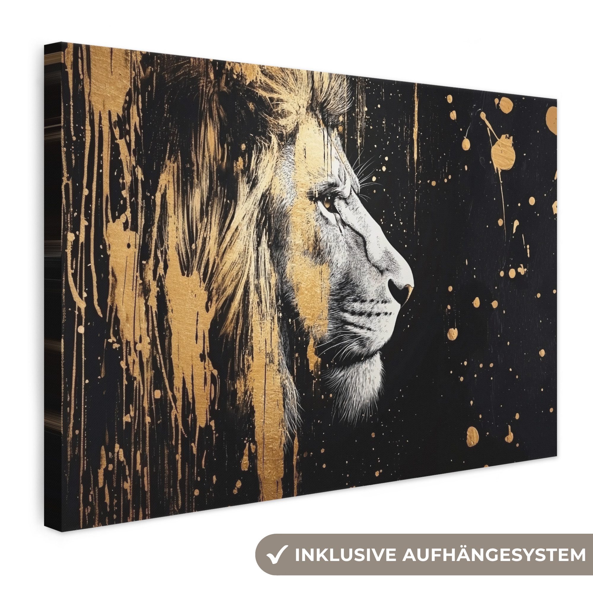 OneMillionCanvasses® Leinwandbild Porträt - Löwe - Abstrakt - Gold, Fotodruck (1 St), Leinwand Bilder Klein, Wand Dekoration Aesthetic 30x20 cm