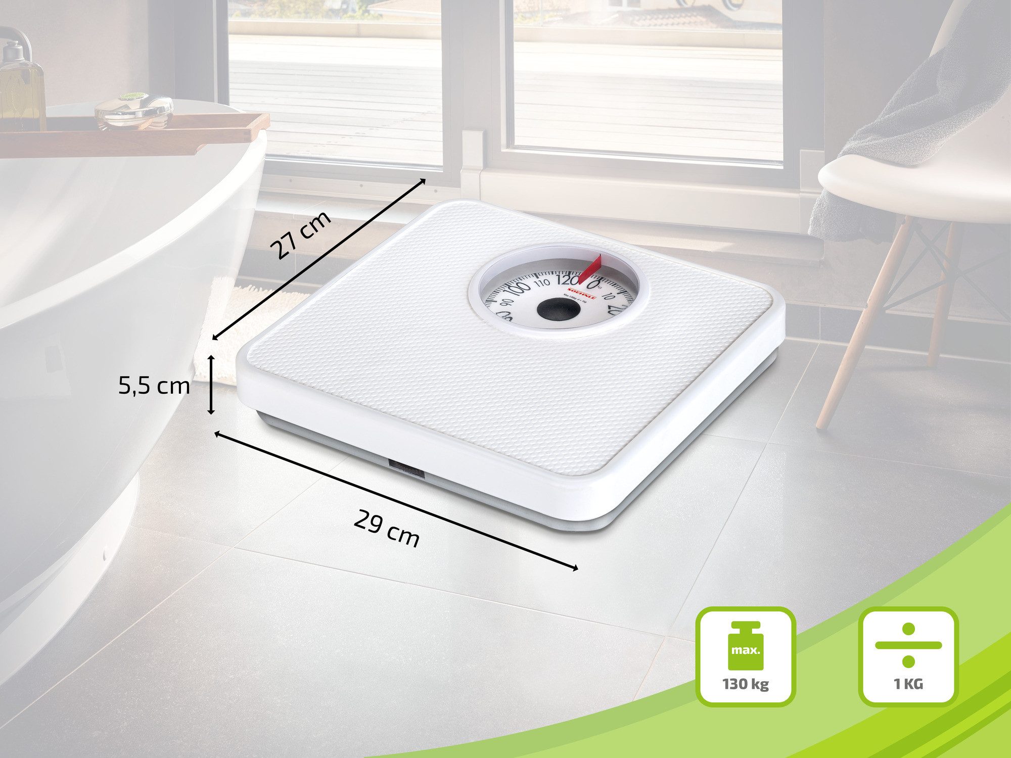 Soehnle Personenwaage Tempo White, 1-tlg., große Vollsichtskala, bis 130kg, rutschfest, hochwertiger Stahl