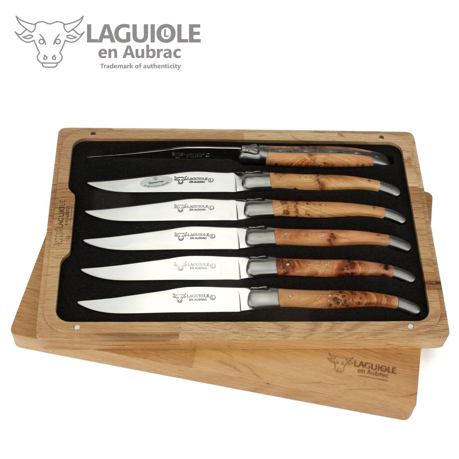 Laguiole en Aubrac Steakmesser 62C99GEIH-N 6er Set - Griff Wacholder - Backen matt - Klinge glänzend - Holzbox