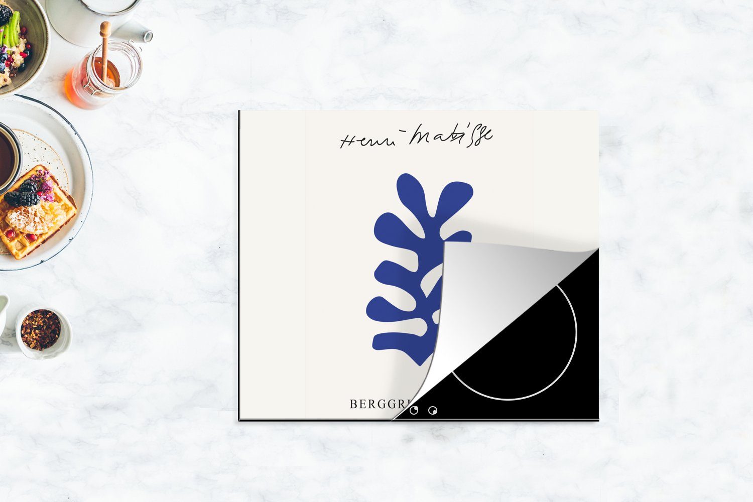 Herdblende-/Abdeckplatte MuchoWow Vinyl, Kunst nutzbar, Blau Matisse, (1 - cm, - Mobile - Abstrakt 60x52 Arbeitsfläche tlg), Ceranfeldabdeckung