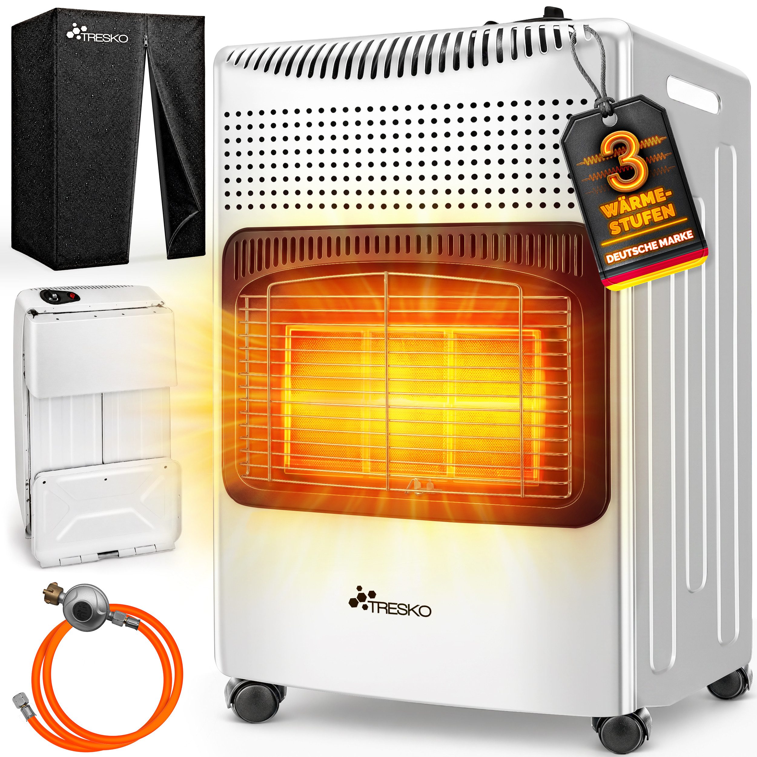 TRESKO Heizstrahler 4200 W Gasheizung + Abdeckung Gasheizer 3 Stufen Gasofen Gasheizofen