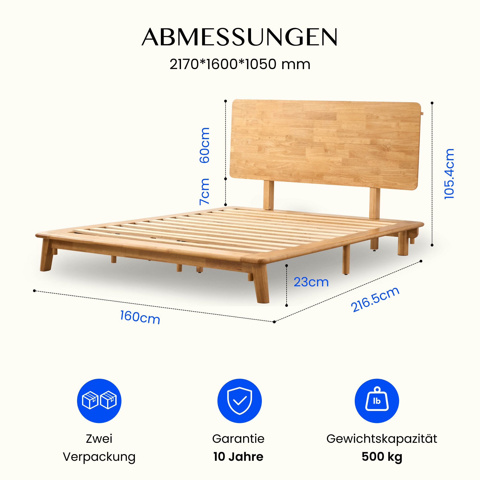 FLEXISPOT Bettgestell 160 x 200 cm aus Gummibaumholz, Futonbett aus Massivholz (Massivholz-Plattformbett, bis 500KG, für Matratzen 135-160 cm, inkl. Lattenrost) – Bild 2 von 5