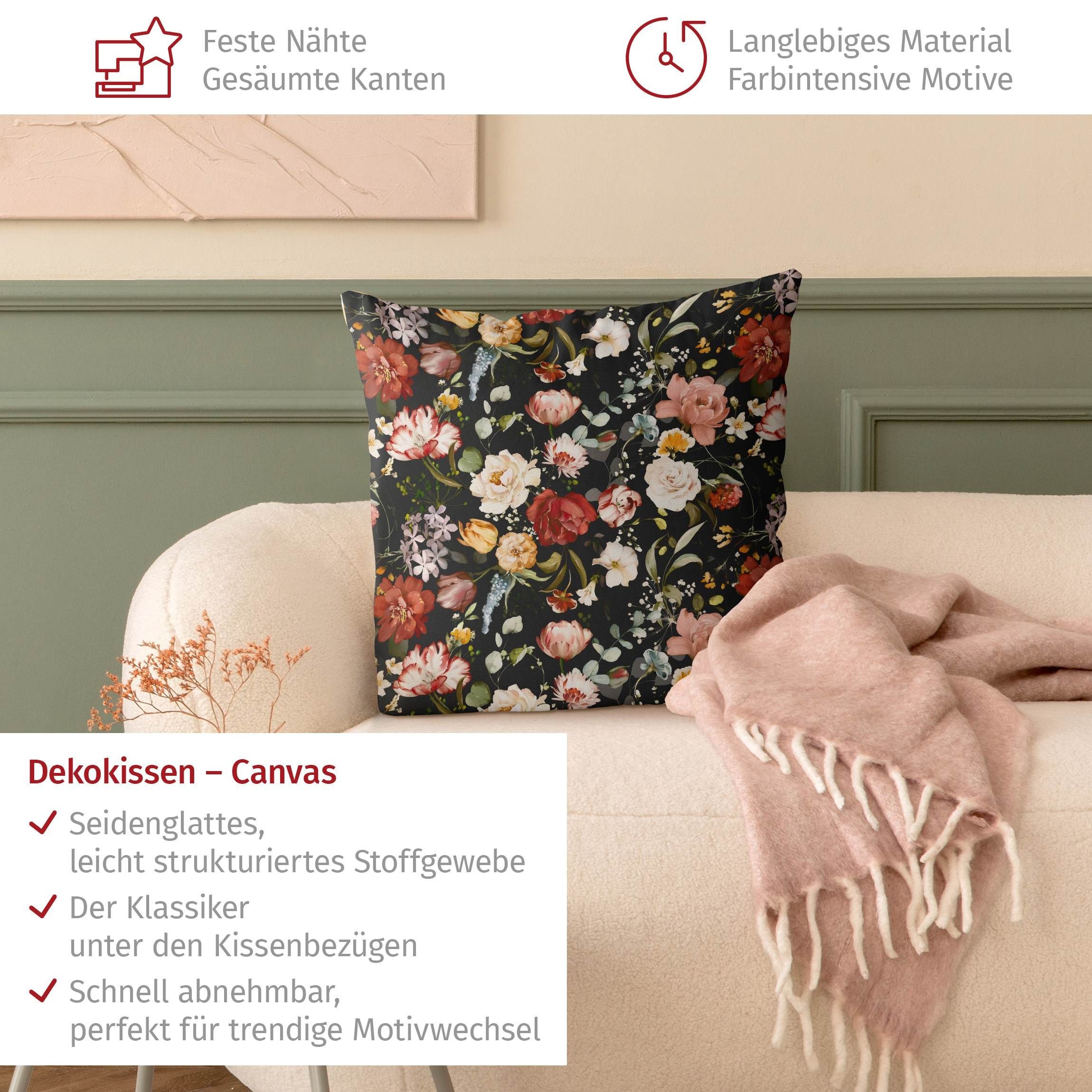 Bilderdepot24 Dekokissen drinnen Kissenhülle/ Sofakissen/ Zierkissen Kissenhülle schwarz Blumen, Bezug Aquarell mit / ohne Füllung Zierkissen Outdoor Sofa Bett