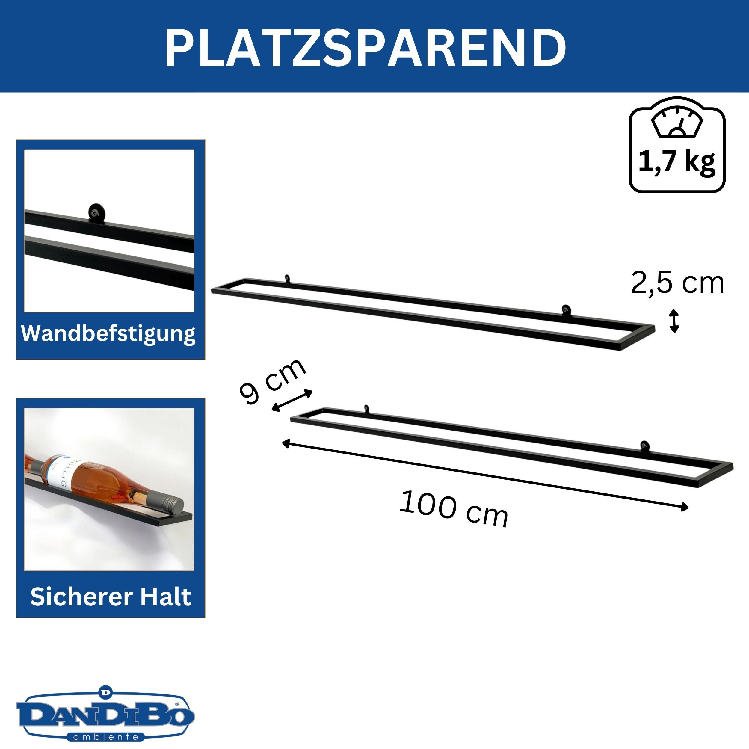 DanDiBo Weinregal Wand Metall 6 Flaschen Schwarz Linea 2er Set schwebende Weinhalterung, Flaschenregal Schmal Держатель для винных бутылок für Wandmontage