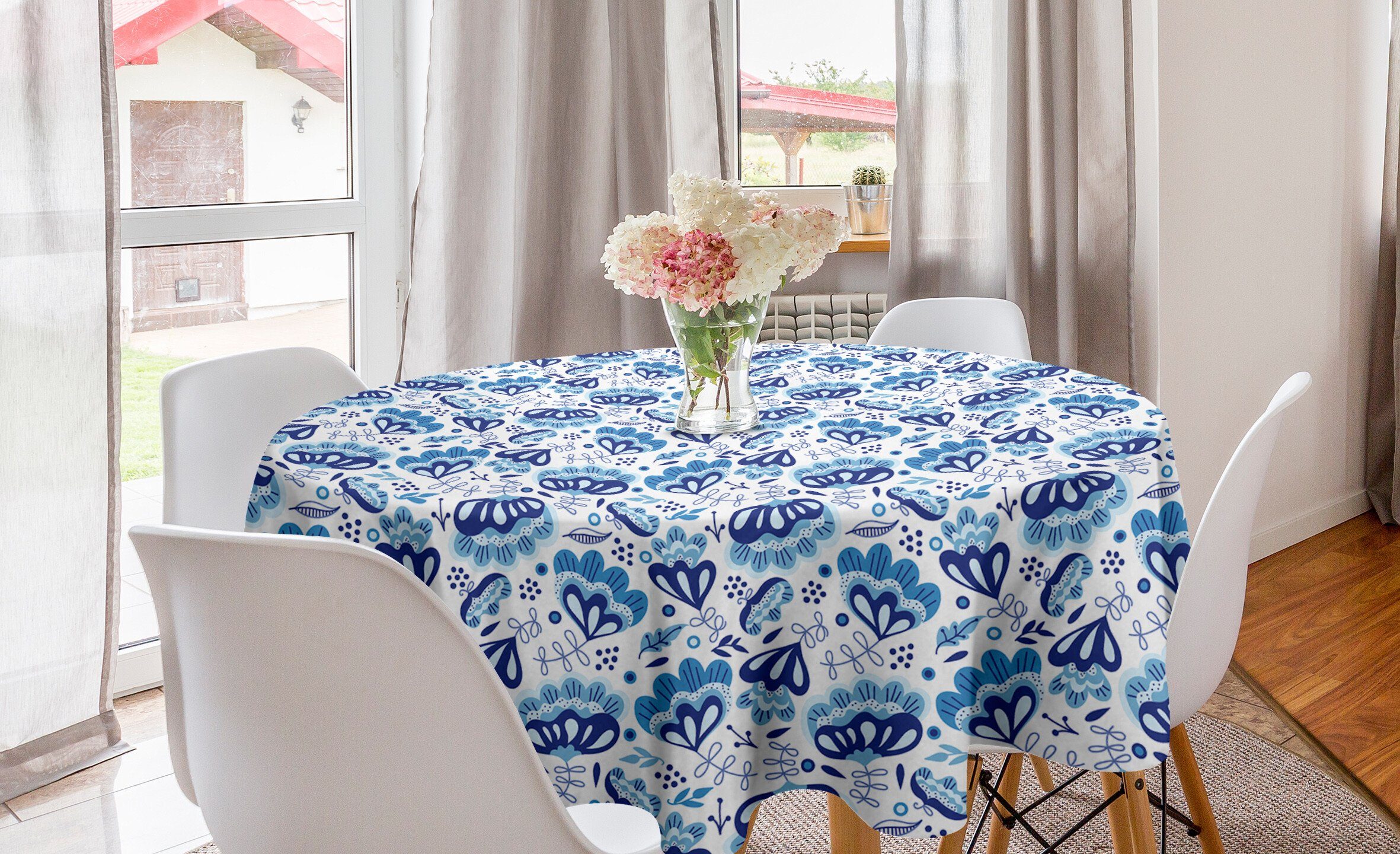 Abakuhaus Tischdecke Kreis Tischdecke Abdeckung für Esszimmer Küche Dekoration, Frühling Blau getönten Folk Flower Buds