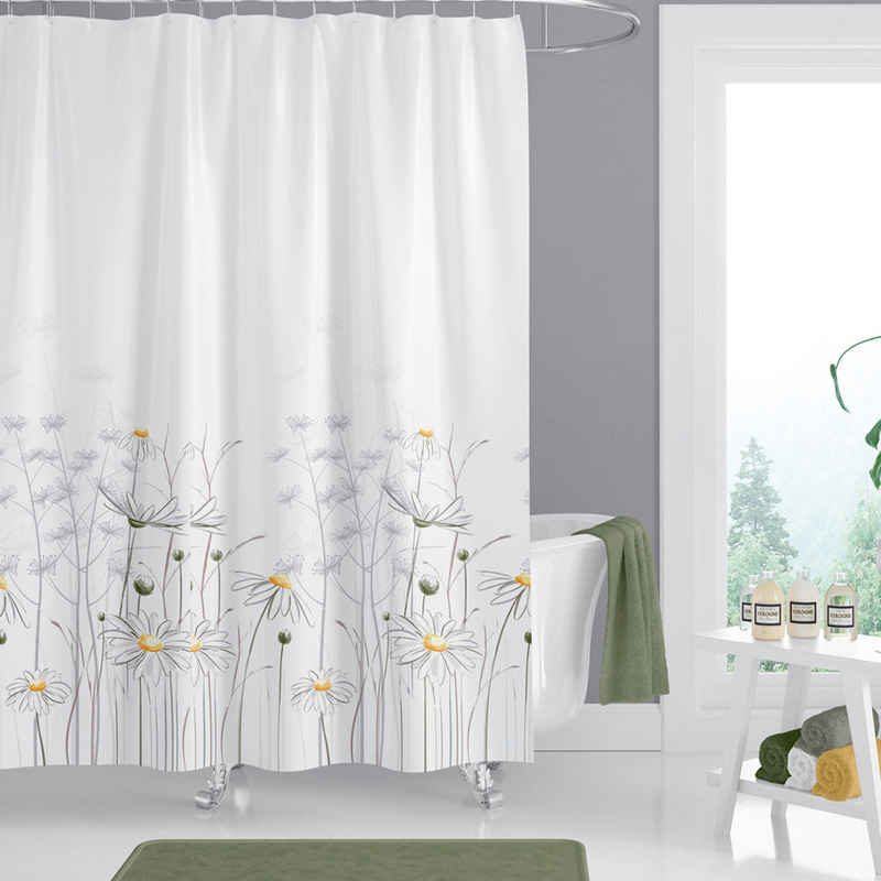 Ekershop Duschvorhang Textil Daisy Gänseblümchen Weiß und Gelb für Duschstange Breite 180 cm (inkl. Ringe), Höhe 200 cm, wasserabweisend, waschbar, bügelbar
