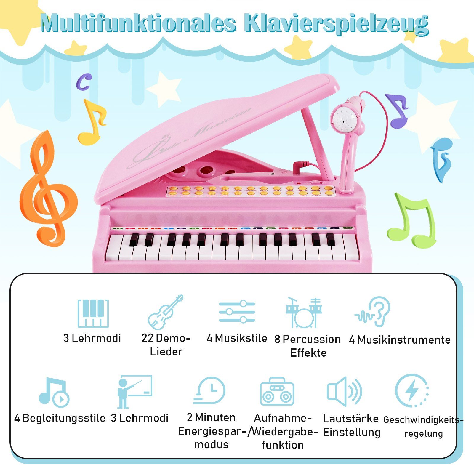 COSTWAY Spielzeug-Musikinstrument 31 Tasten Keyboard, mit Hocker & Mikrofon – Bild 4 von 5