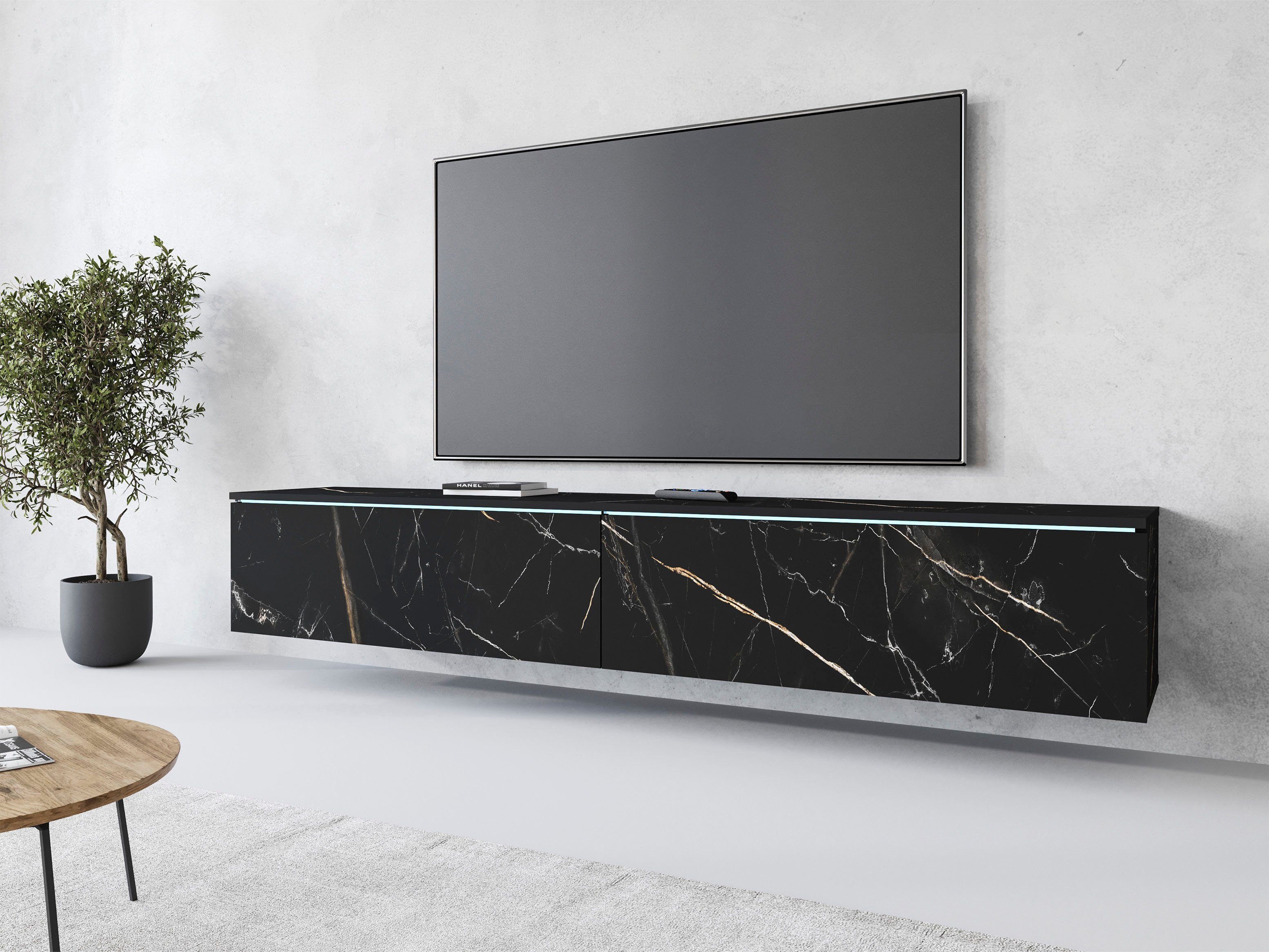 Home affaire Lowboard LOWBOARD VERA, wahlweise mit oder ohne Beleuchtung, Modernes griffloses TV-Board, 180 cm TV-Schrank, stehend und hängend
