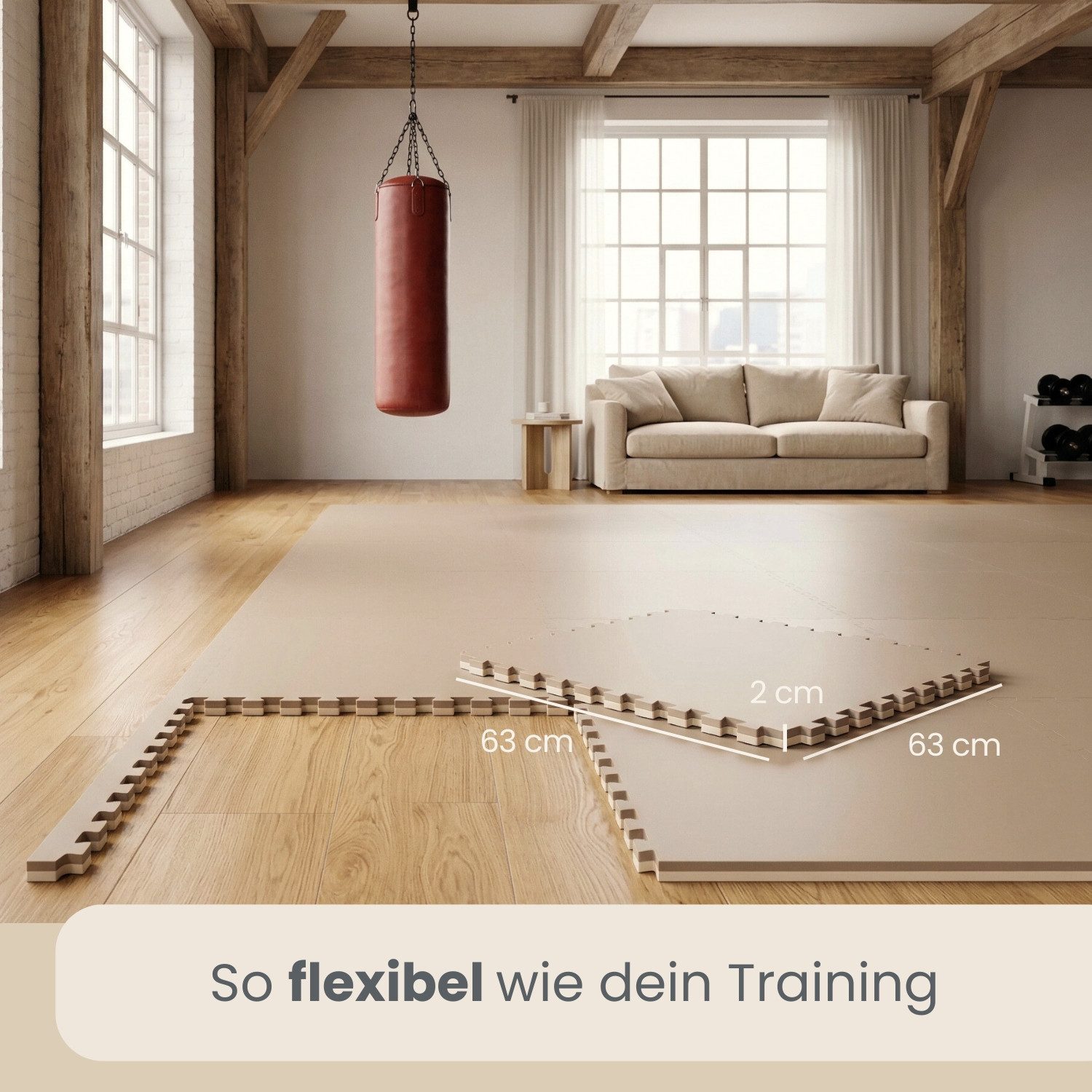 eyepower Fitnessmatte XL für Zuhause - 3,2 m² Trainingsmatte mit Rand - 8 Home Gym Matten (8-St), 63 x 63 x 2 cm Bodenschutzmatte Sport und Gymnastik - EVA Bodenmatte