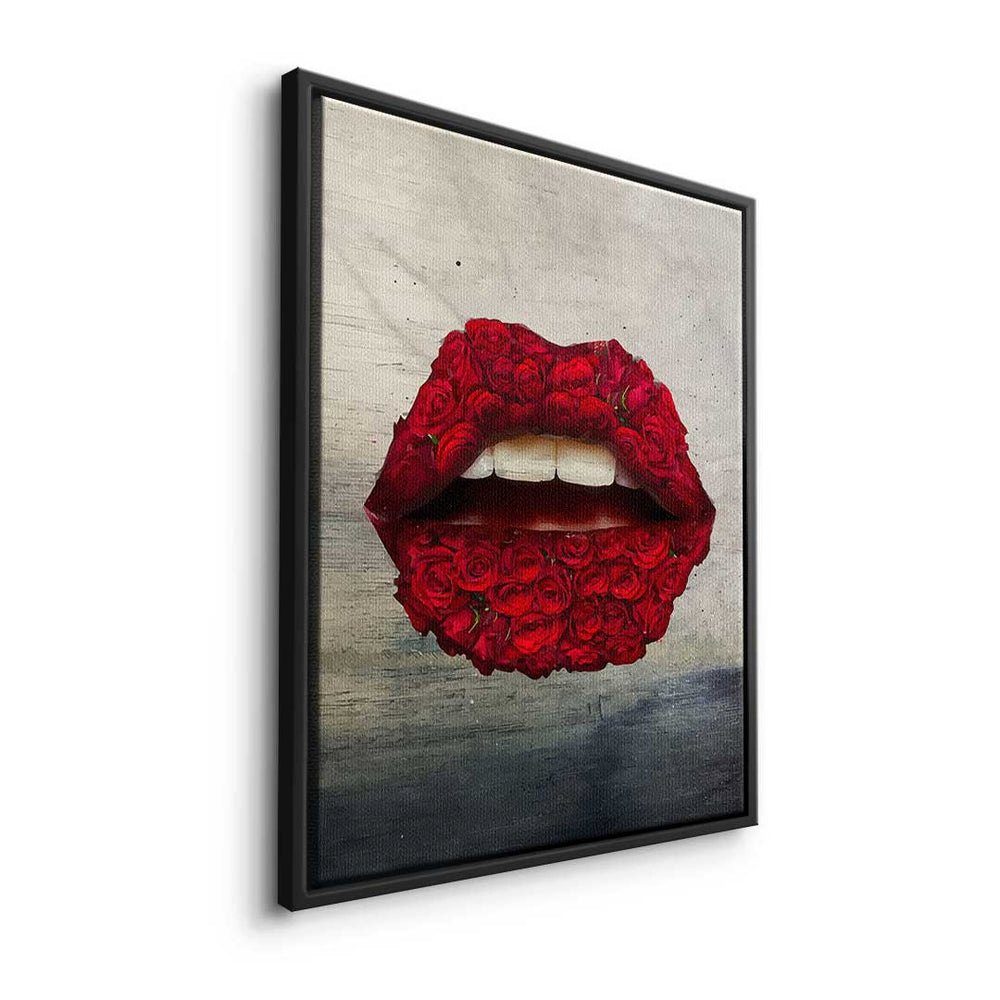 silberner DOTCOMCANVAS® modernes Leinwandbild Lippen Art - Pop - Leinwandbild, X Rosen Wandbild Rahmen Premium -