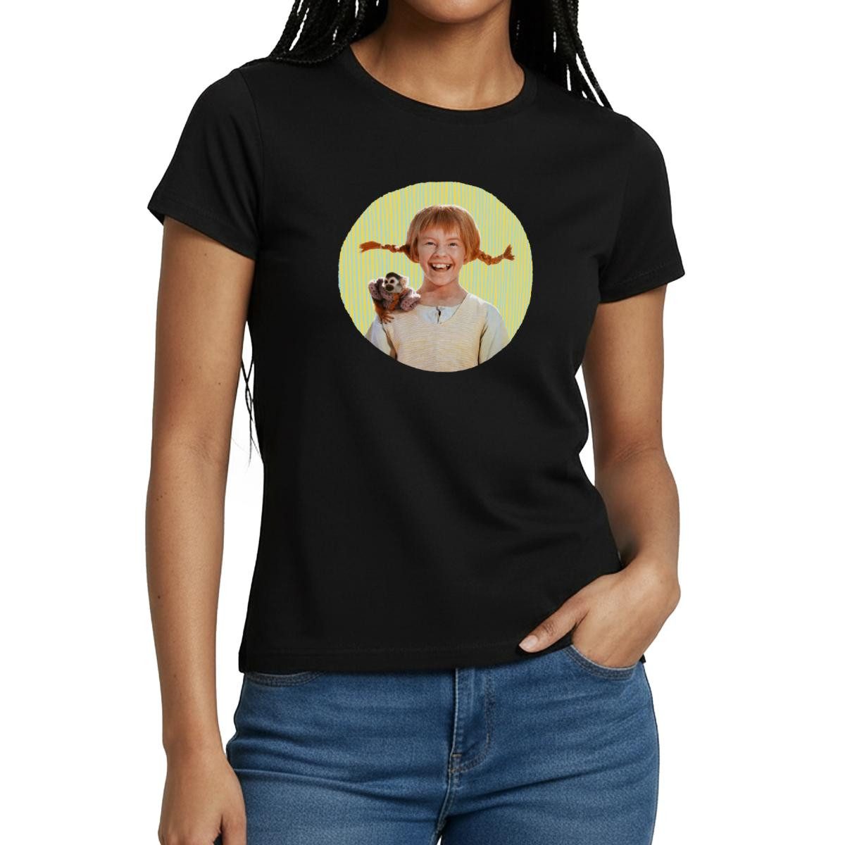 Spreadshirt T-Shirt Pippi Langstrumpf Mit Herr Nilsson Portrait Frauen T-Shirt (1-tlg) Slim Fit, fällt klein aus