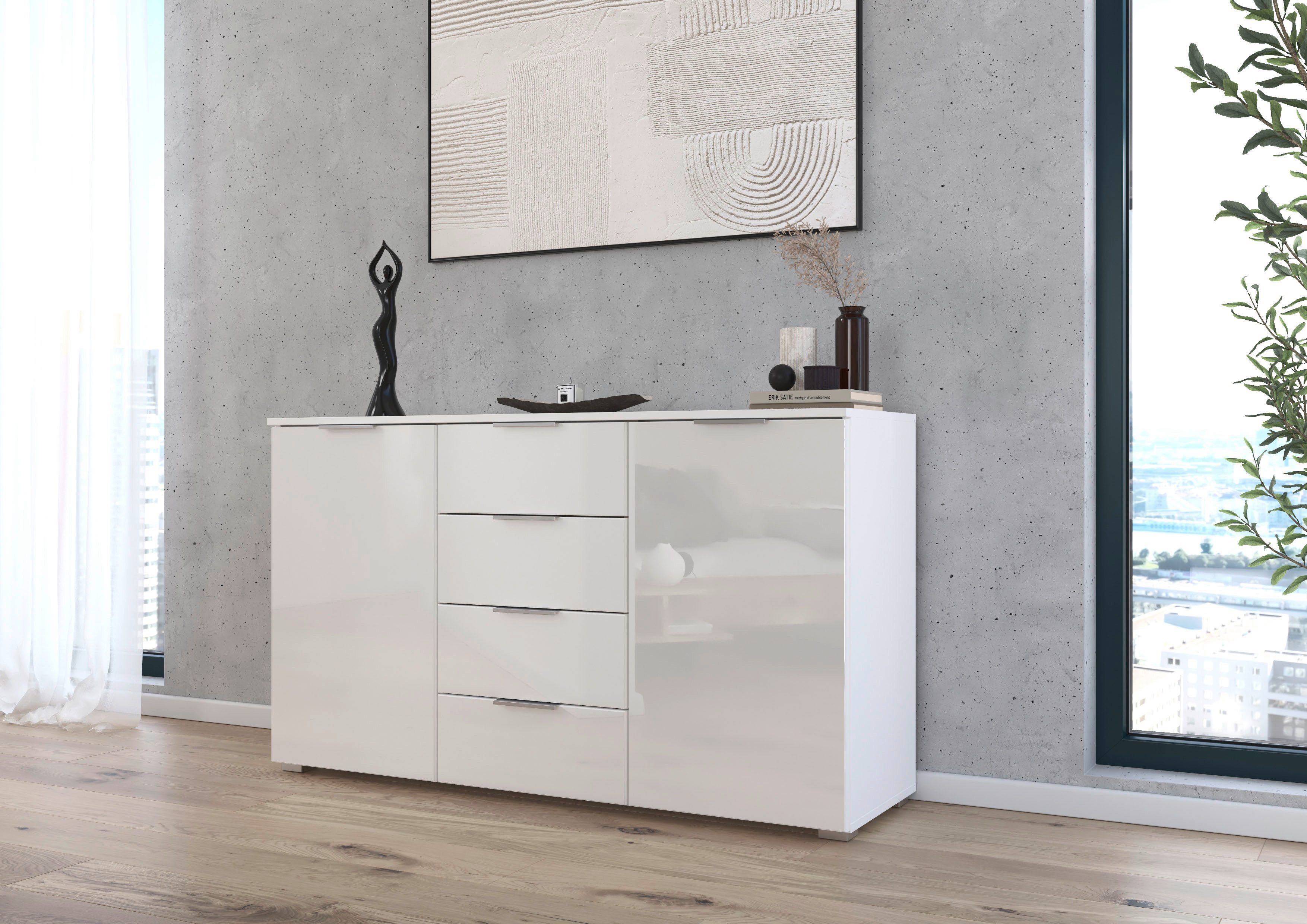 OTTO home Kombikommode Sideboard Kombikommode Schubladenkommode AGORDO mit Glasfront (in zwei Griff-Farben, Breite 120 cm), vier große Schubladen, mit insgesamt 4 Einlegeböden MADE IN GERMANY