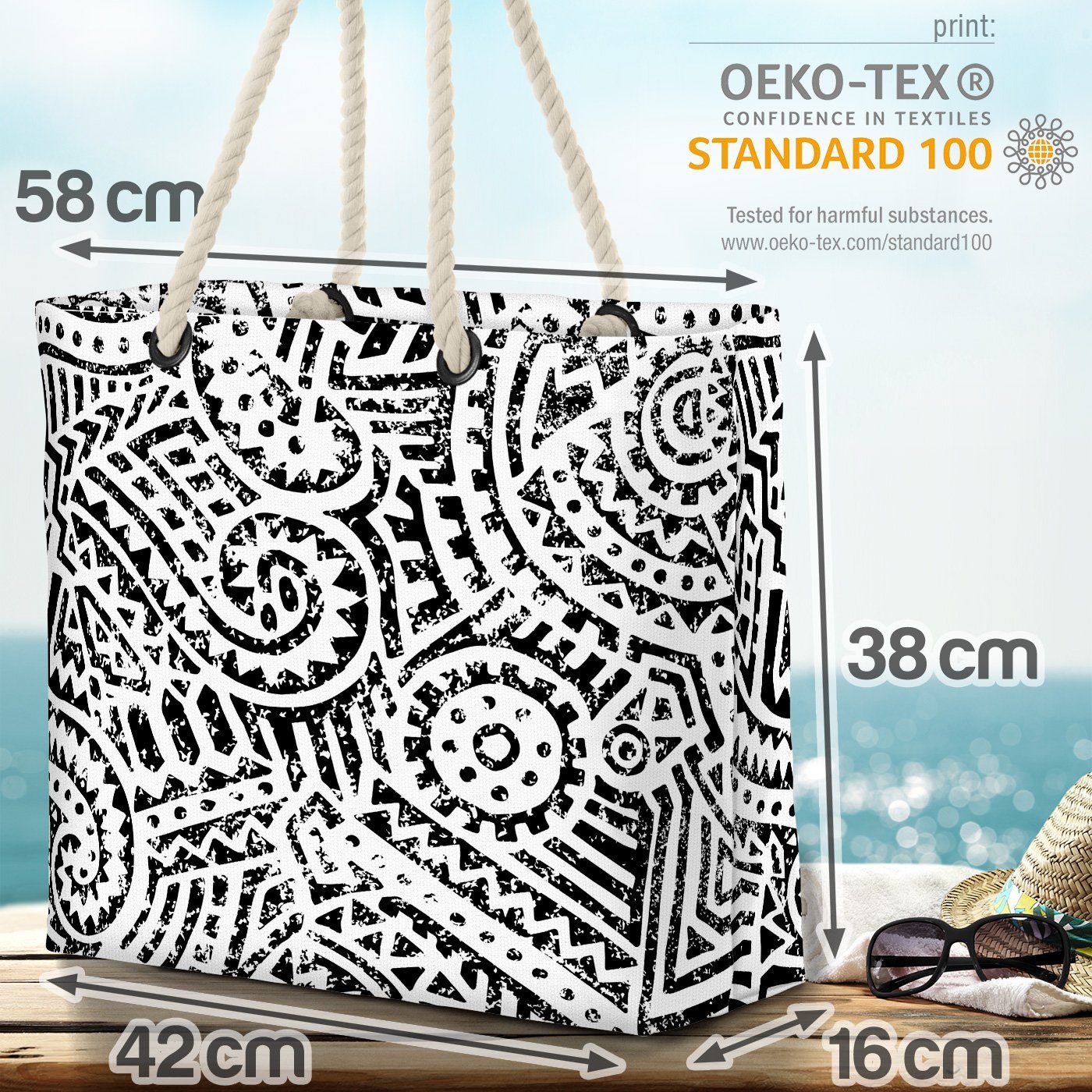 maja White (1-tlg), Bag VOID Geometrisch and azteken geometrisch Strandtasche grunge Black Beach patchwork