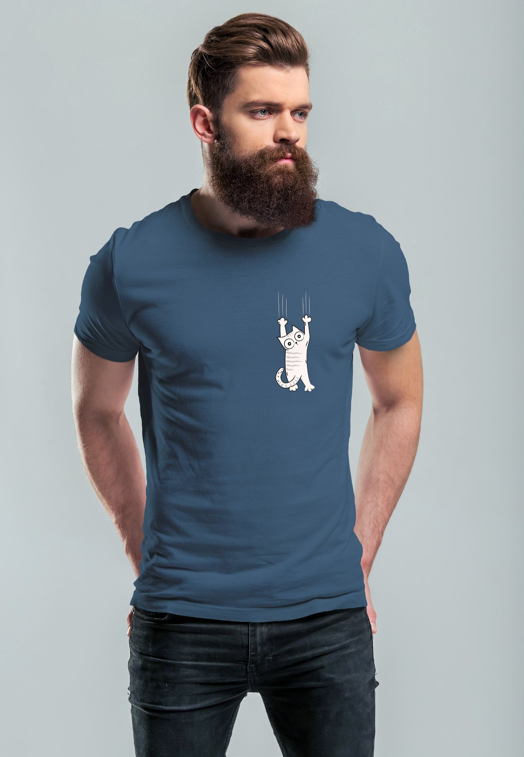 blue Herren Kapuzen-Pullover T-Shirt Katze denim Aufdruck Cat mit Print Print-Shirt Logo lustig Neverless Männer