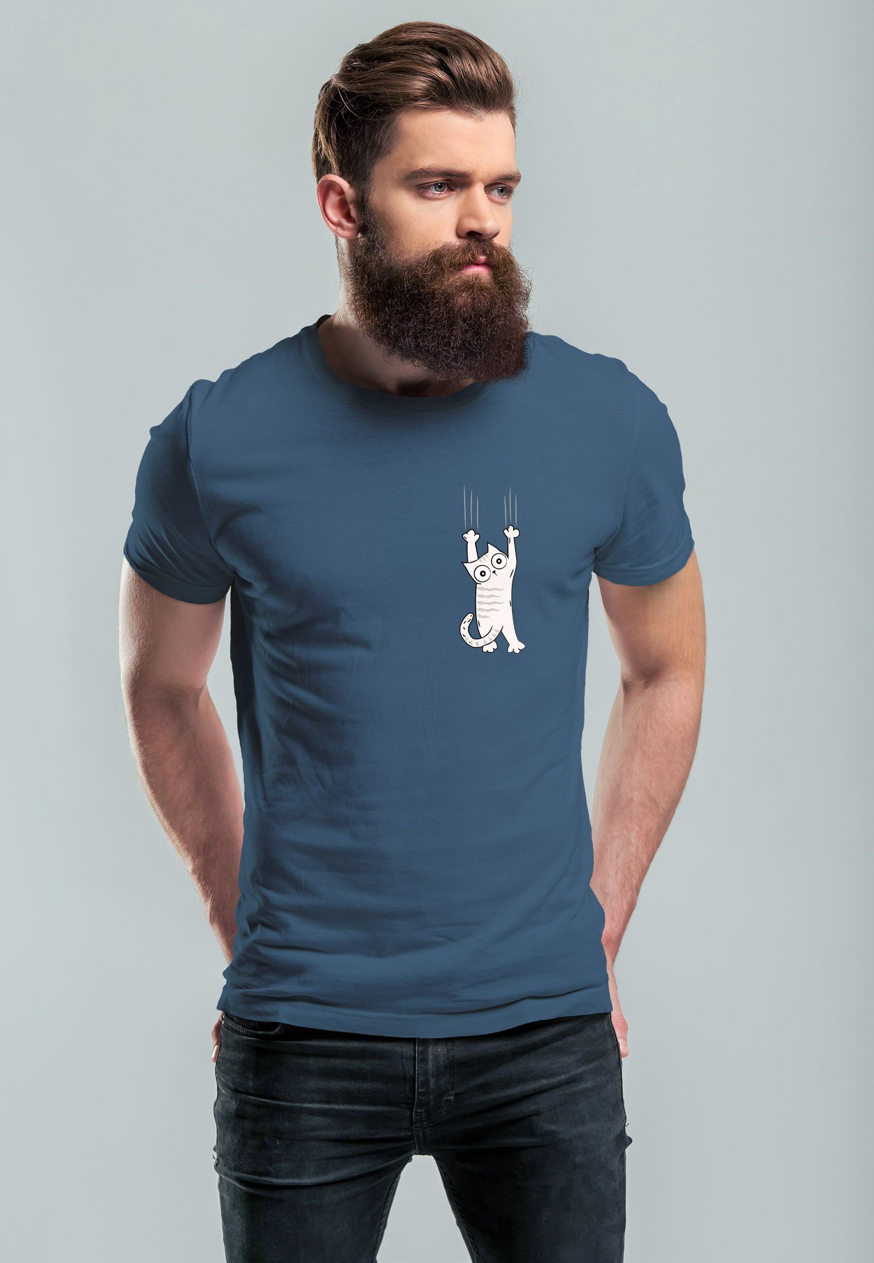 Neverless Print-Shirt Herren T-Shirt Aufdruck Katze Cat Logo lustig Kapuzen günstig online kaufen
