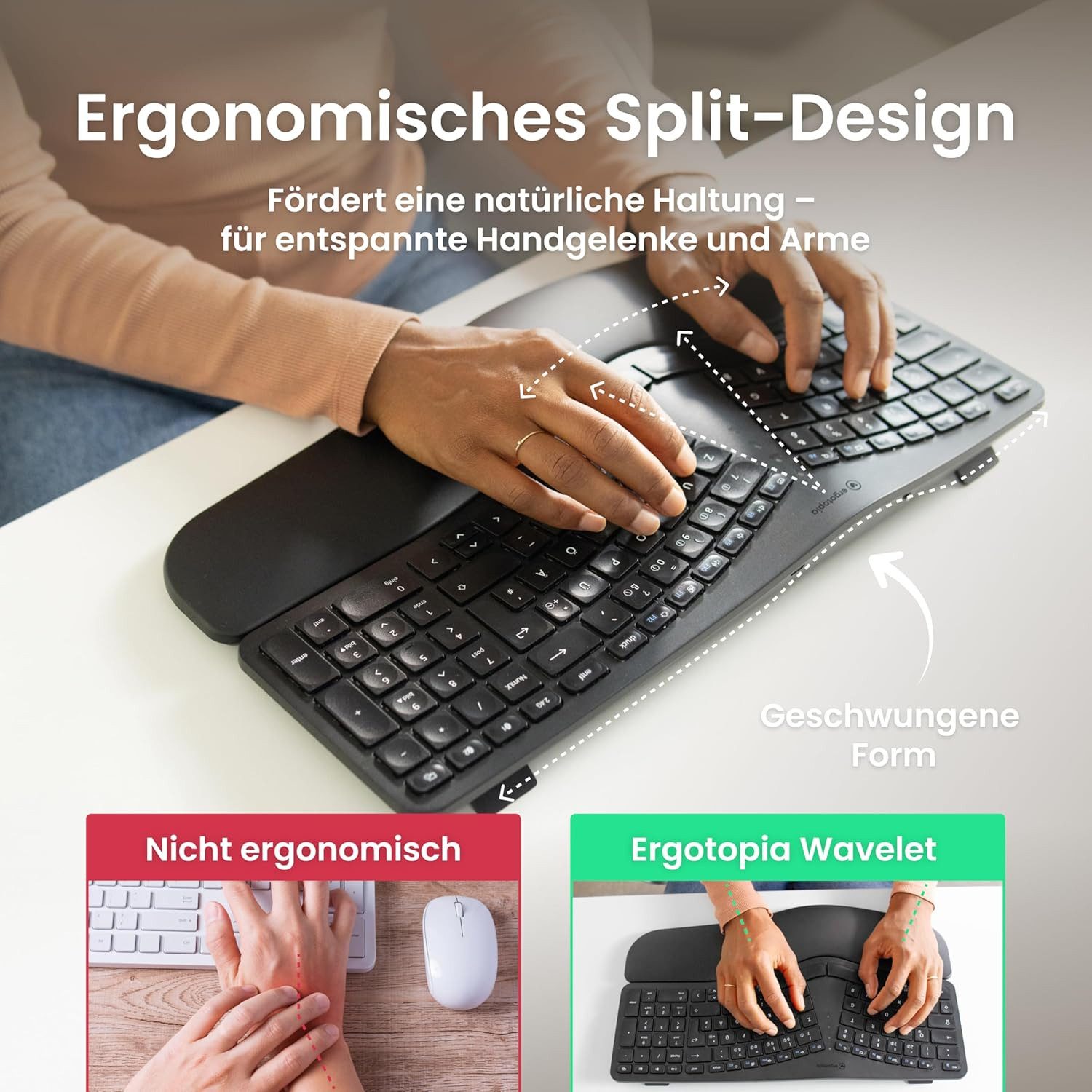Ergotopia Wavelet - Ergonomische Bluetoothtastatur für schmerzfreies Tippen ergonomische Tastatur