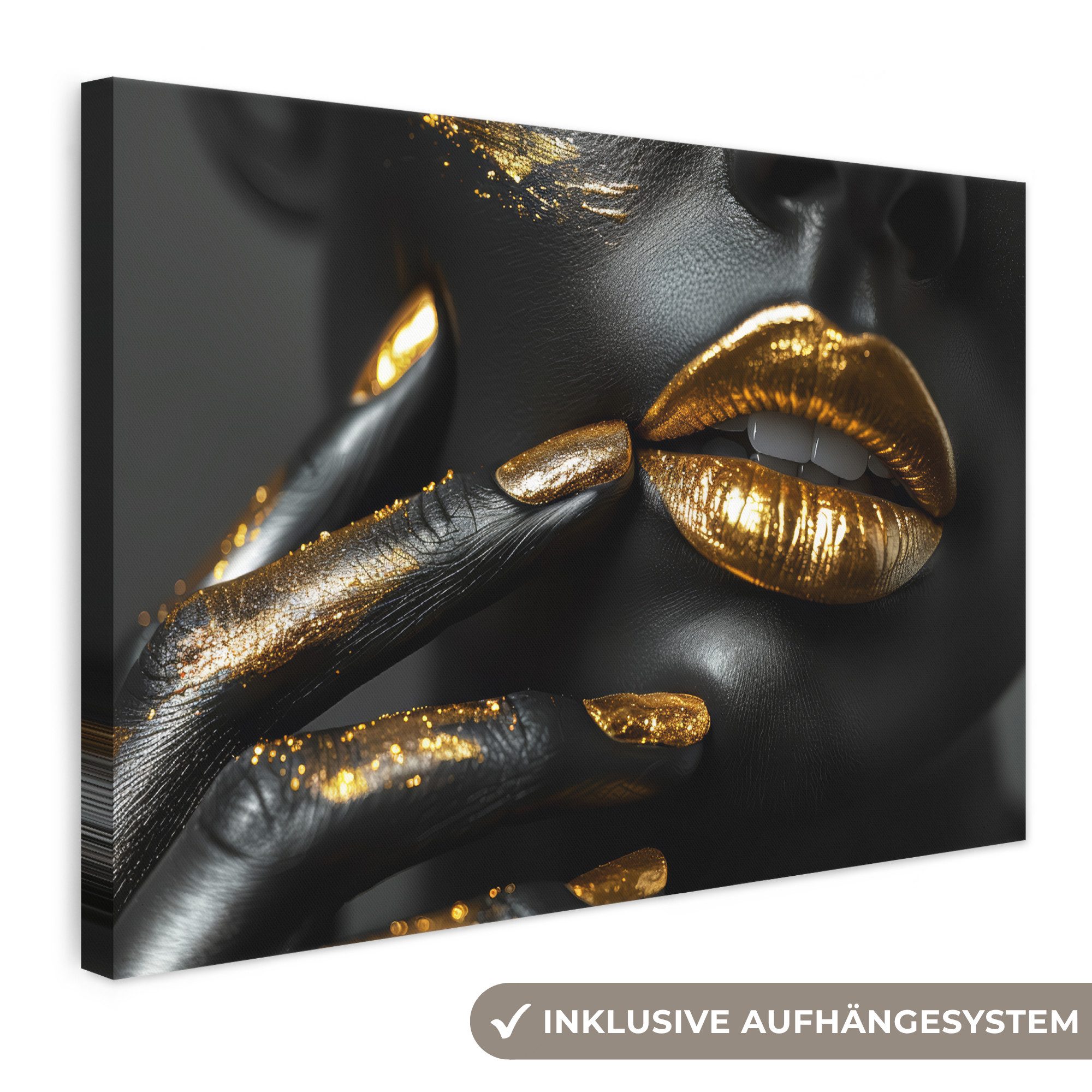 OneMillionCanvasses® Leinwandbild Lippen - Gold - Abstrakt - Schwarz - Frau, Fotodruck (1 St), Leinwand Bilder Klein, Wand Dekoration Aesthetic 30x20 cm