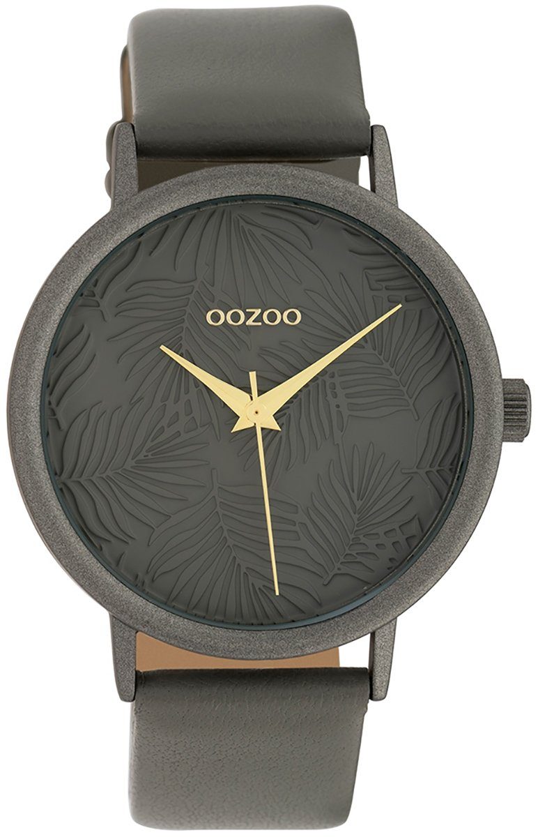 OOZOO Quarzuhr Oozoo Damen Armband-Uhr grau groß mit Blattmuster Zifferblatt Lederarmband, Damenuhr (ca. 42mm) rund, Fashion-Style, Analog