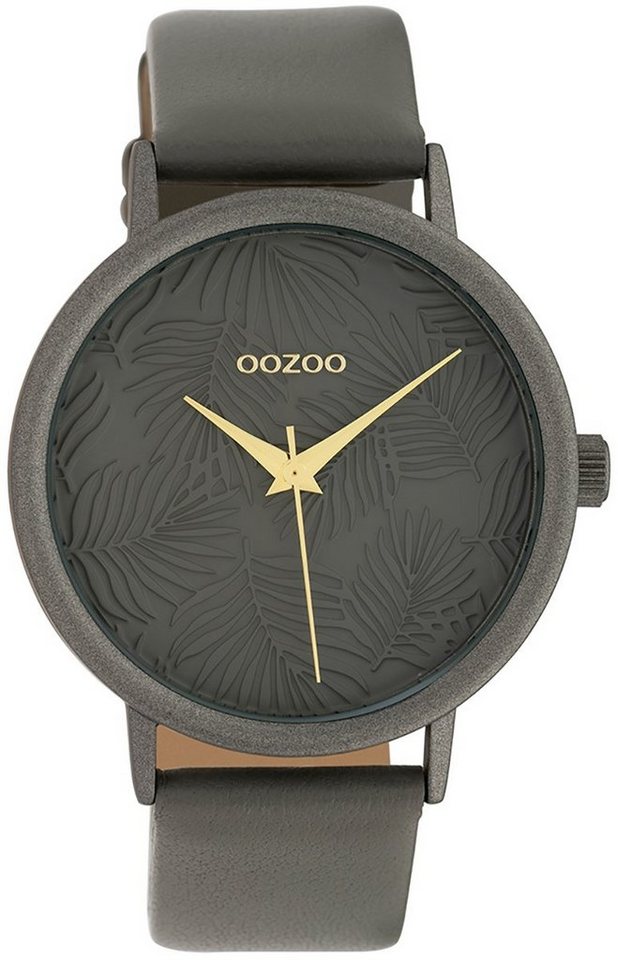 OOZOO Quarzuhr Oozoo Damen Armband-Uhr grau Analog, Damenuhr rund, groß  (ca. 42mm) Lederarmband, Fashion-Style, Zifferblatt mit Blattmuster