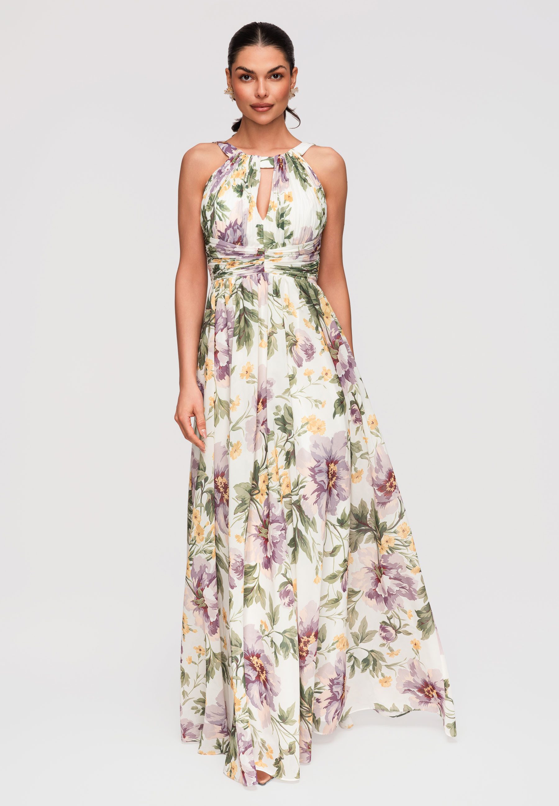 OMBRE Abendkleid Maxikleid mit Falten und Taillendrapierung Weiß S (kein Set, 1-tlg) Plissee-Oberteil, geraffte Taille, bedruckter Stoff, gefüttert