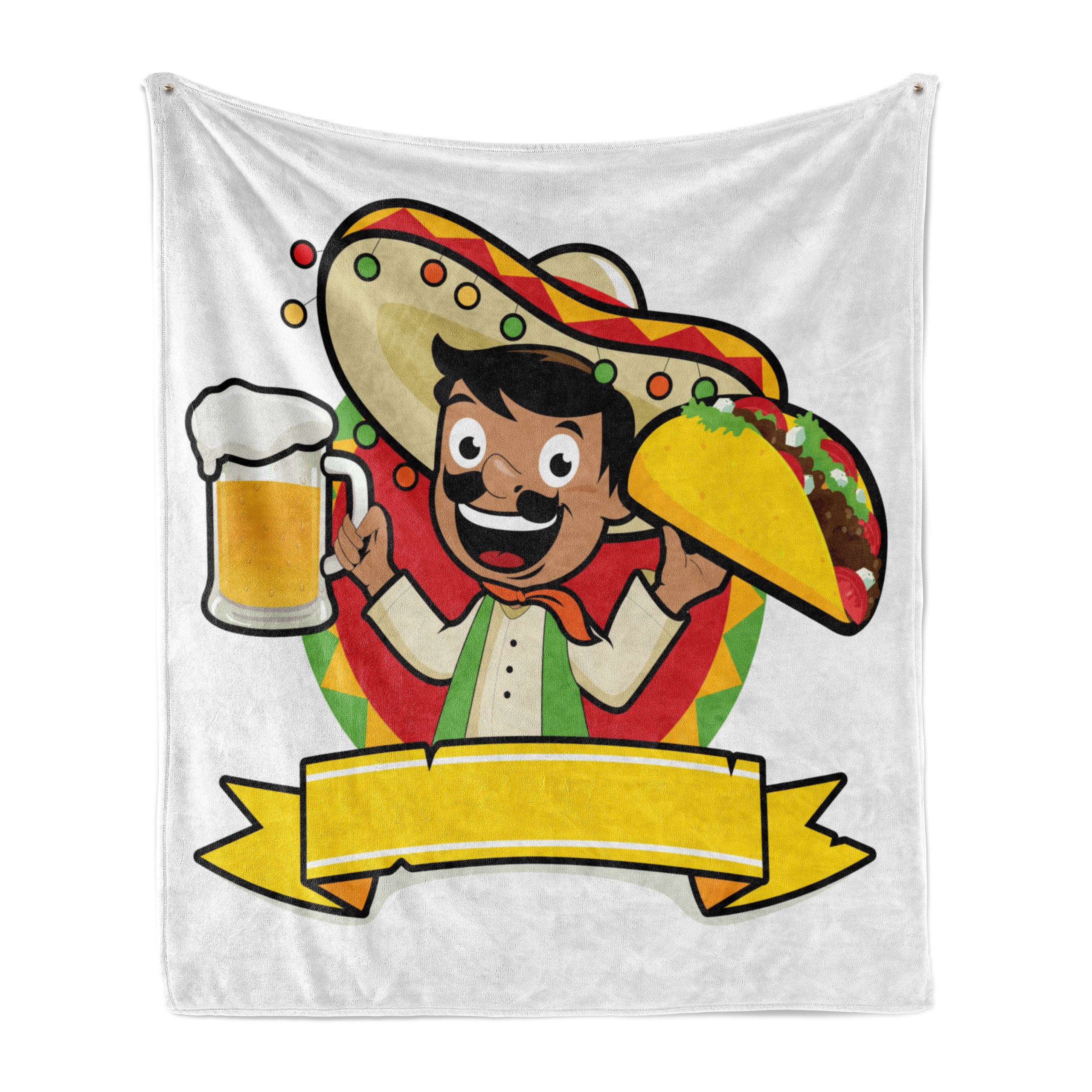 Wohndecke Gemütlicher Plüsch für den Innen- und Außenbereich, Abakuhaus, Mexikaner Mann mit einem Bier und Taco