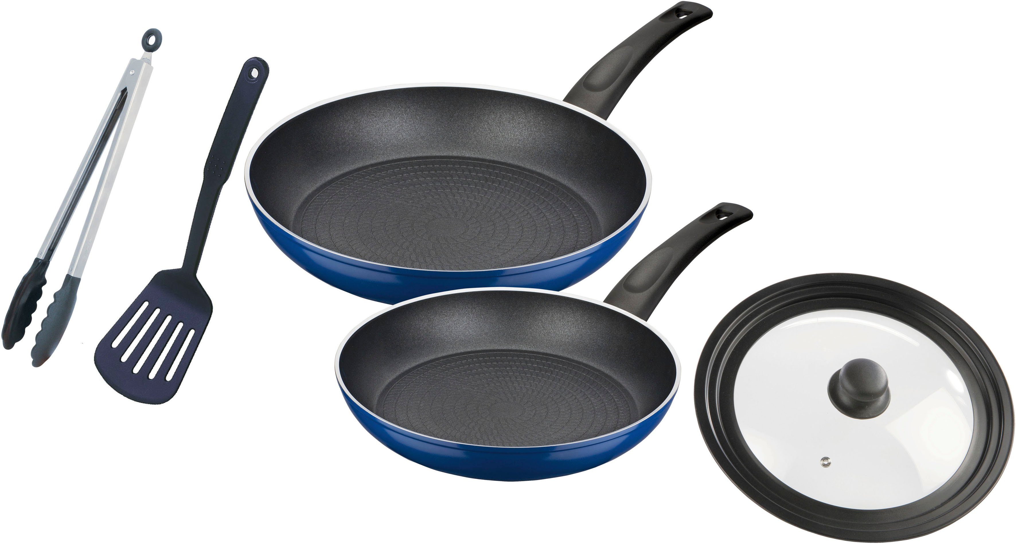 GSW Pfannen-Set Dream Line, Aluminium (Set, 5-tlg., je 1 Pfanne 24/28cm, 1 Deckel 24-28cm, 1 Pfannenwender, 1 Multizange), Antihaft-Versiegelung, Wabenboden, Induktion