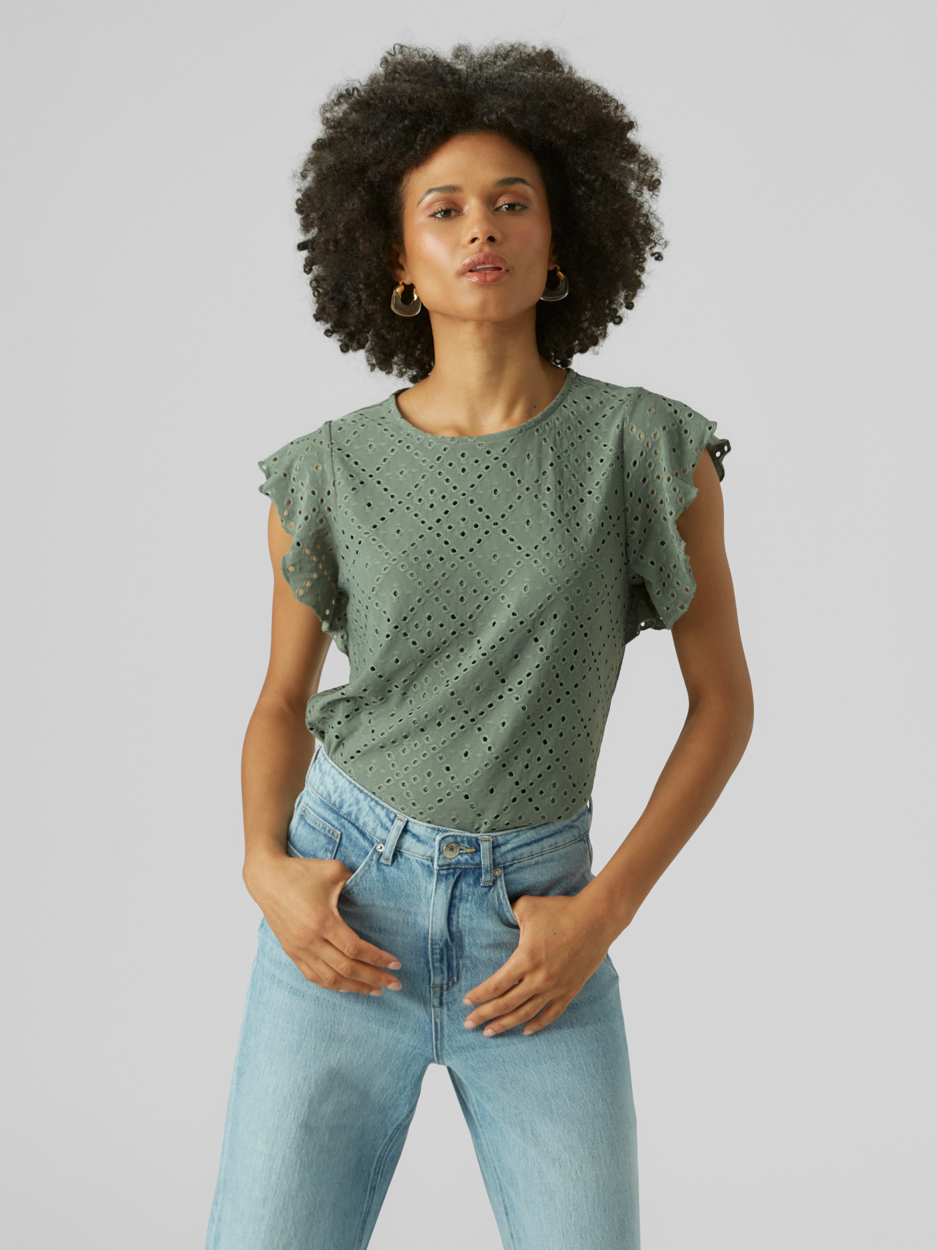 Vero Moda Rundhalsshirt VMTASSA SL FRILL TOP NOOS Materialmix, loose fit günstig online kaufen