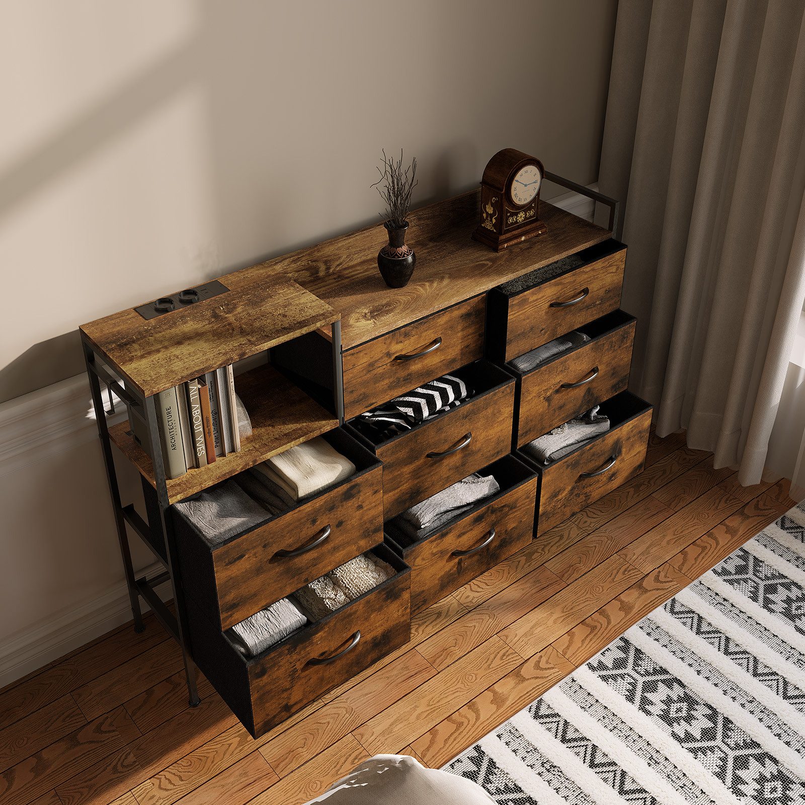 Woltu Kommode (1 St), mit 8 Schubladen Steckdosen, Metallrahmen Holzwerkstoff