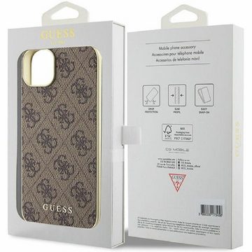 Guess Handyhülle Case iPhone 15 Kunstleder braun mit Kette goldfarbig 6,1 Zoll, Kantenschutz