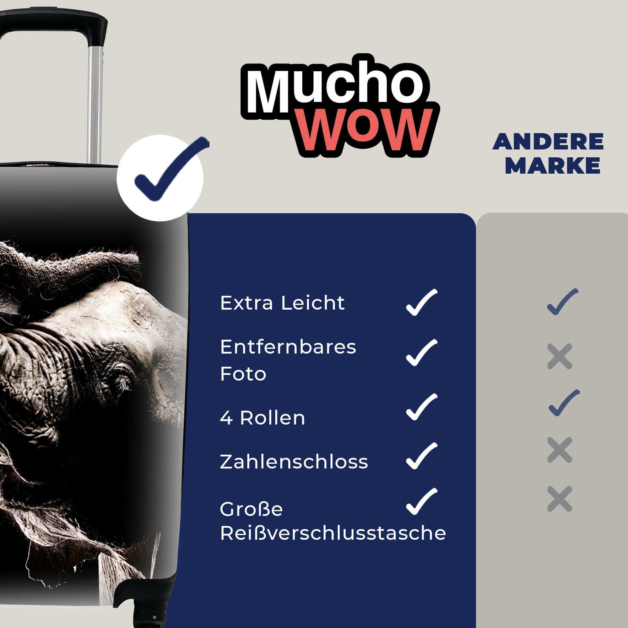 MuchoWow Handgepäckkoffer Elefant Schwarz Handgepäck mit Trolley, Reisetasche rollen, 4 Ferien, Tiere Reisekoffer - Rollen, für - Porträt, 